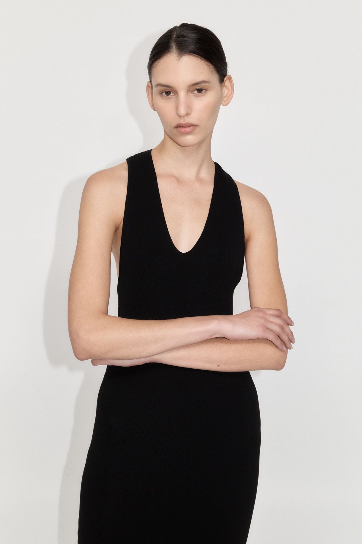 Plunge Neck Knit Dress - Black - 5