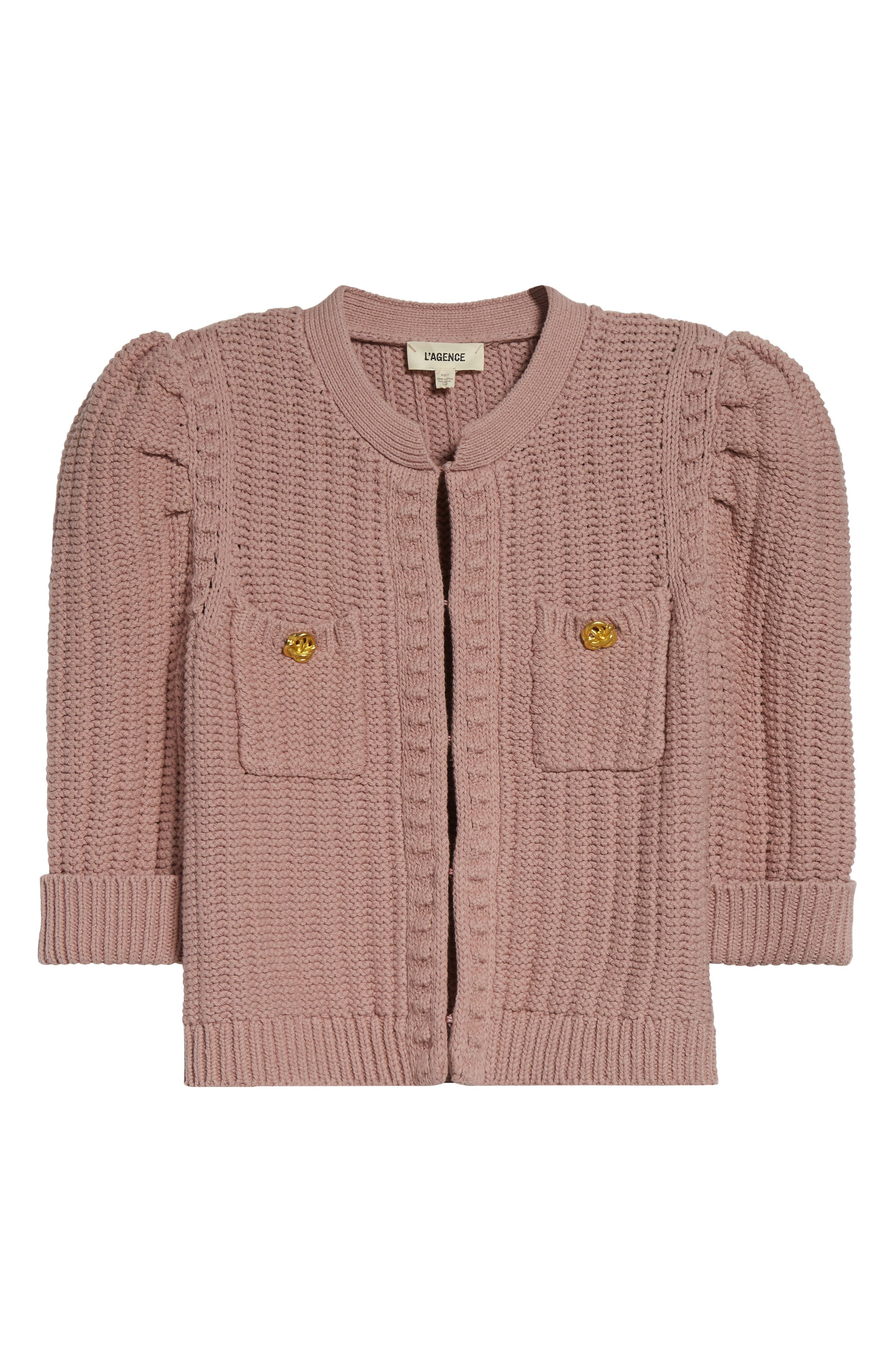 L'AGENCE Delilah Puff Sleeve Crop Cardigan in Light Mauve/Gold at Nordstrom - 5