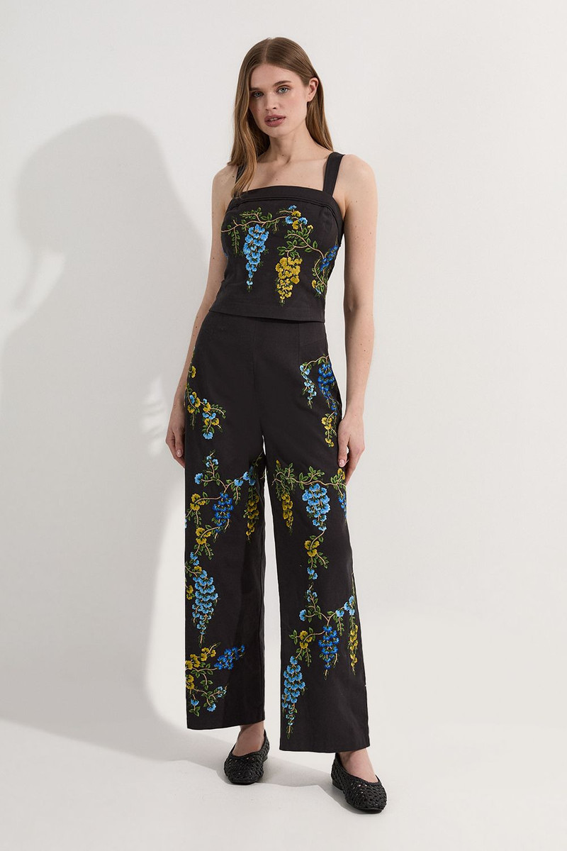 Floral Embroidered Cotton Linen Woven Wide Leg Trousers 1
