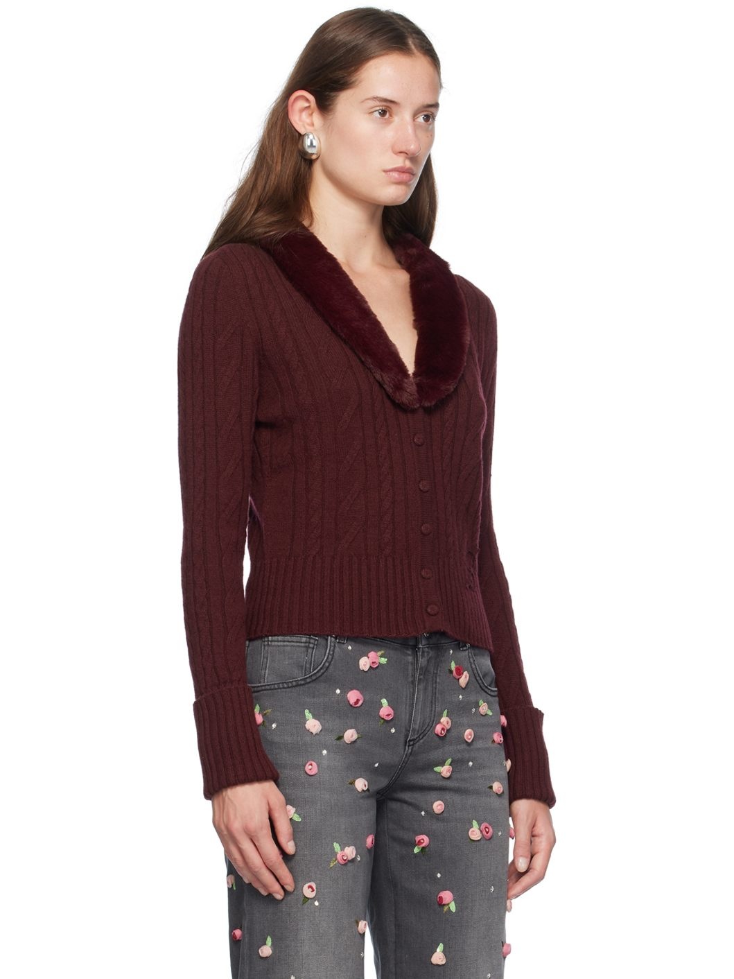 Burgundy Faux-Fur Collar Cardigan - 2