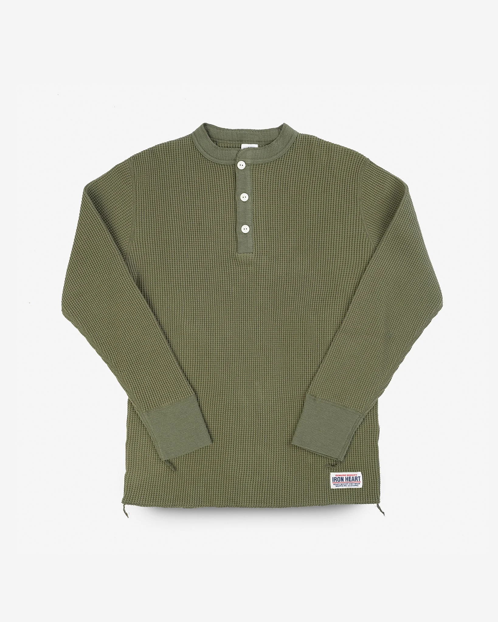 WAFFLE KNIT LONG SLEEVED THERMAL HENLEY - OLIVE - 1