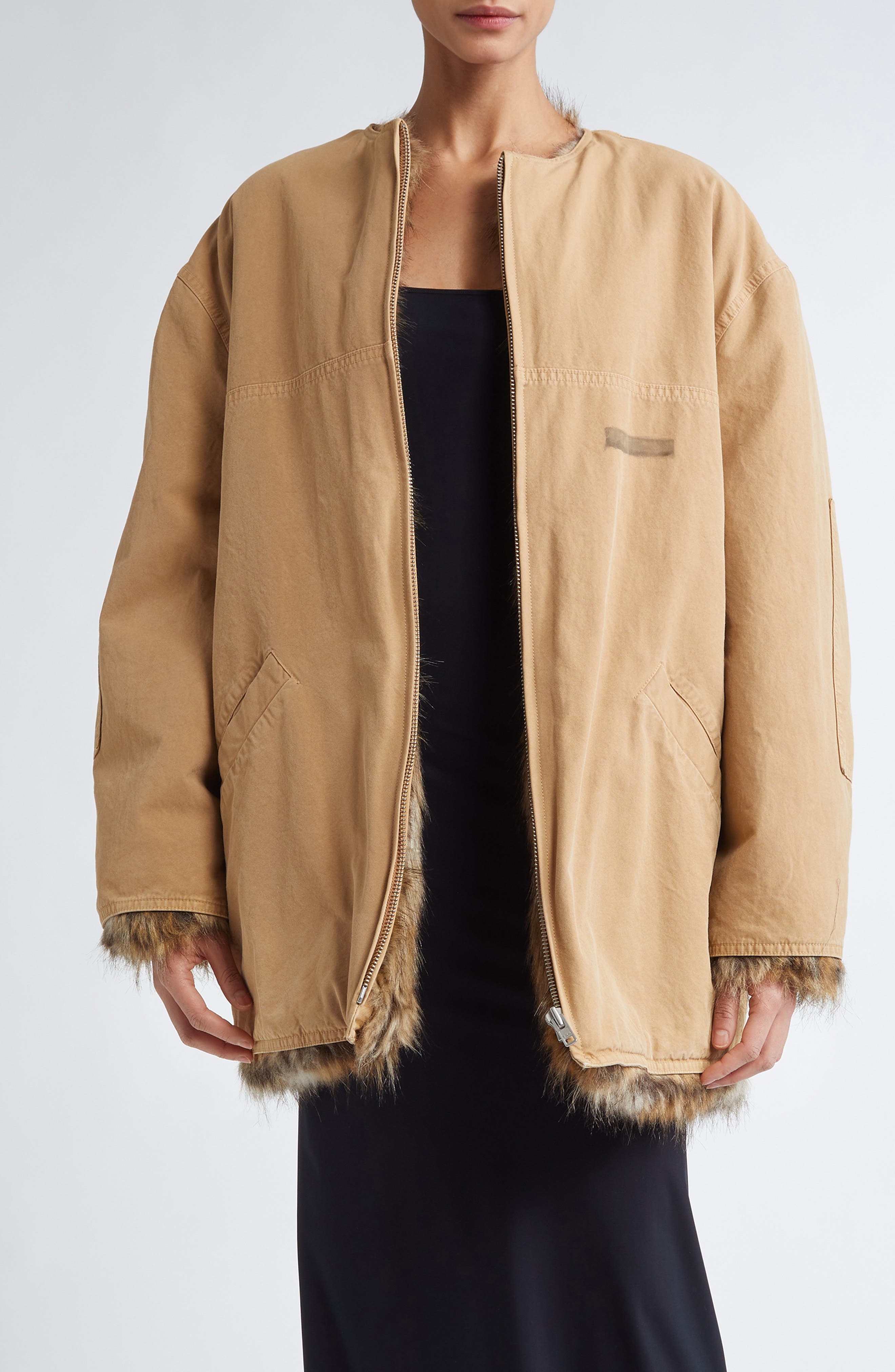 MM6 Maison Margiela Reversible Cotton Gabardine & Faux Fur Jacket in Ocre at Nordstrom - 1