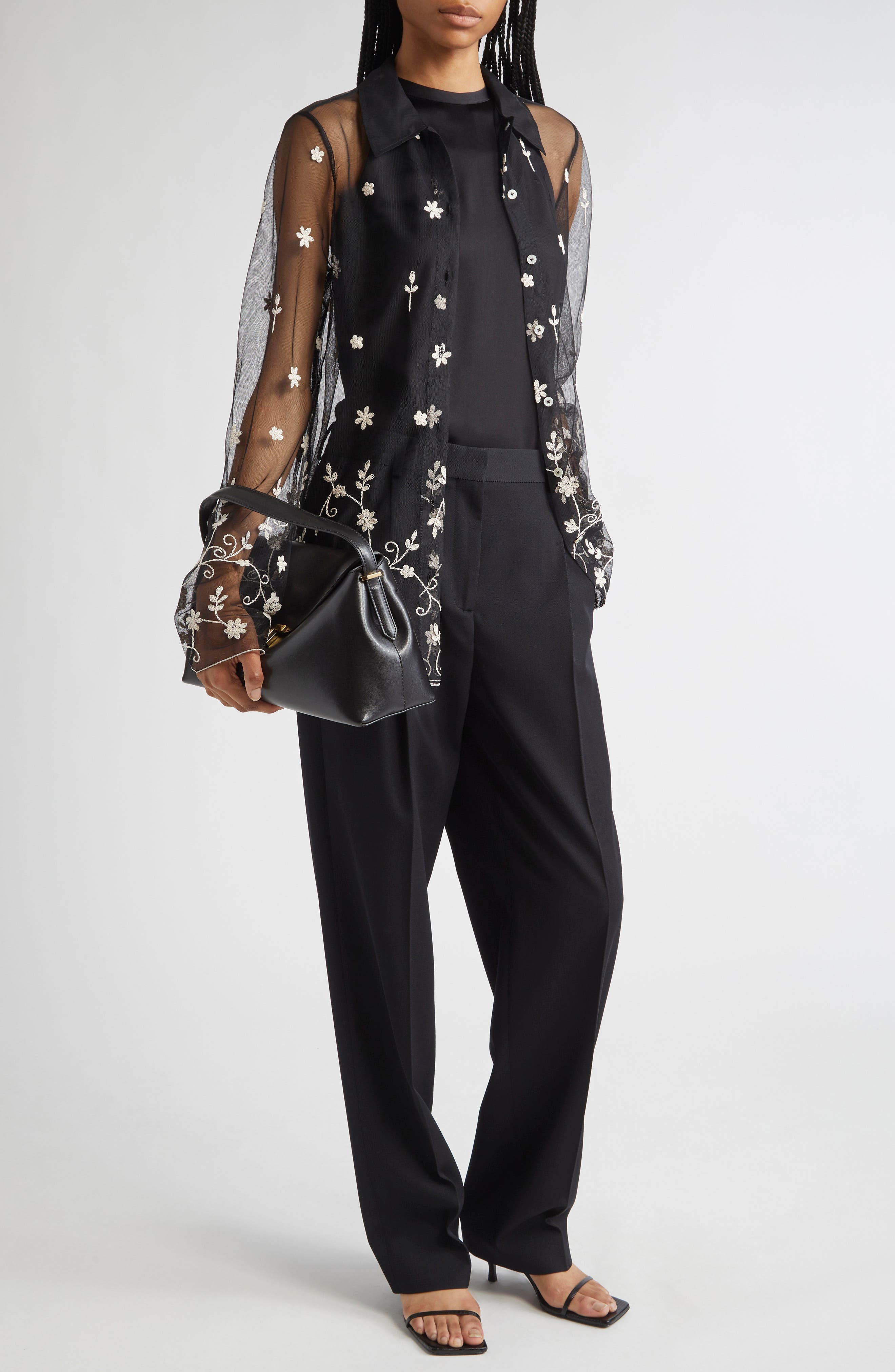 TOTEME Floral Embroidered Tulle Shirt in Black/White at Nordstrom - 2