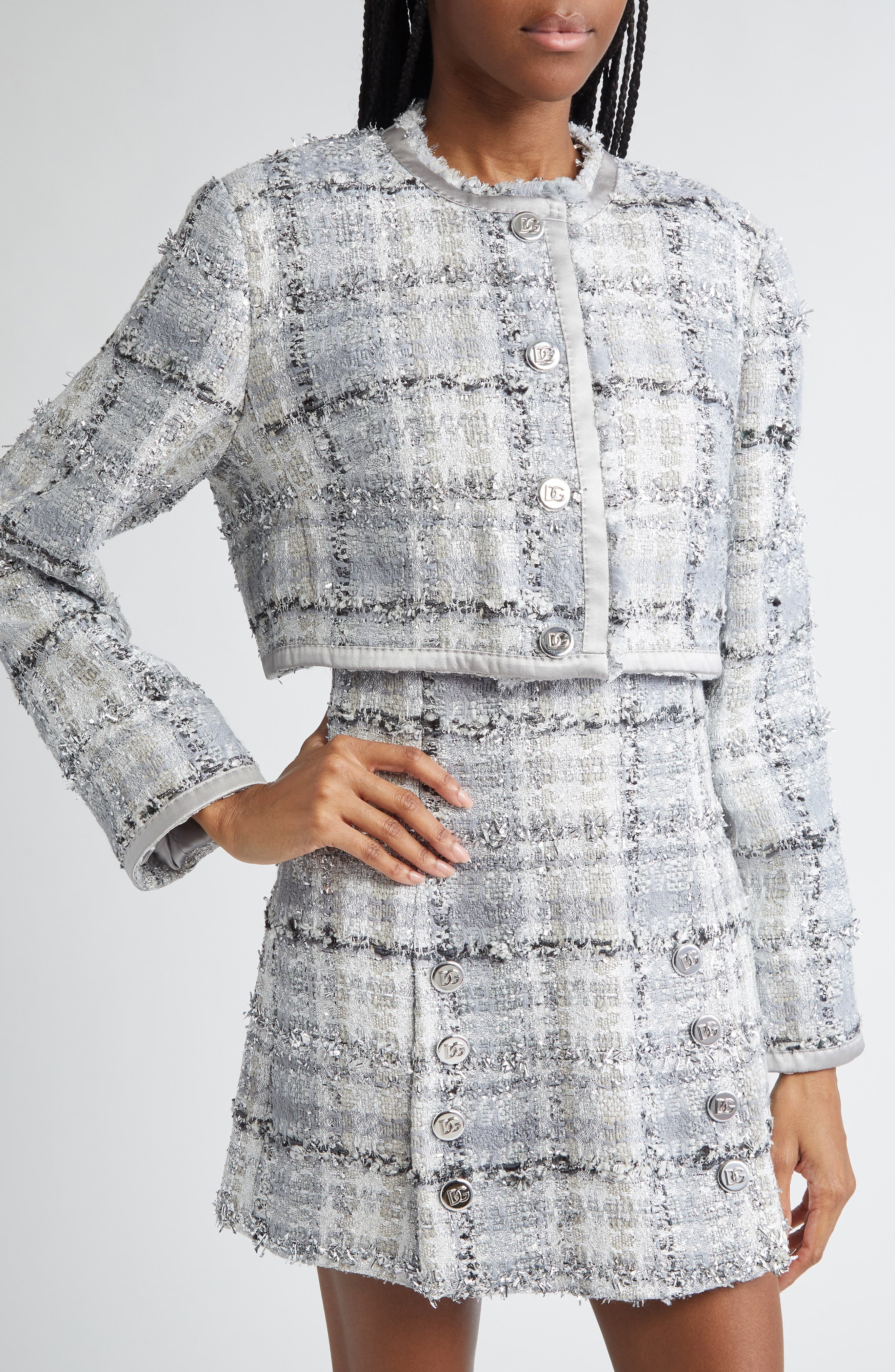 Dolce&Gabbana Check Raschel Tweed Crop Jacket in S8100 Quadri-Check-Tartan at Nordstrom - 5