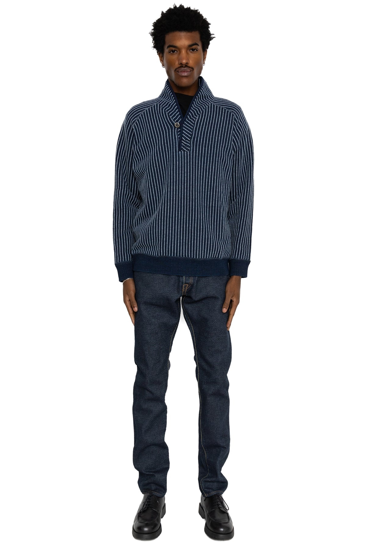 Yarn Dyed Indigo Shawl Collar Sweatshirt - Indigo Stripe - 2