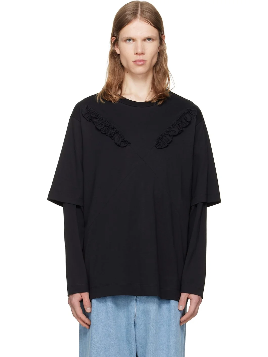 Black Ruffle Slash Layered Long Sleeve T-shirt - 1