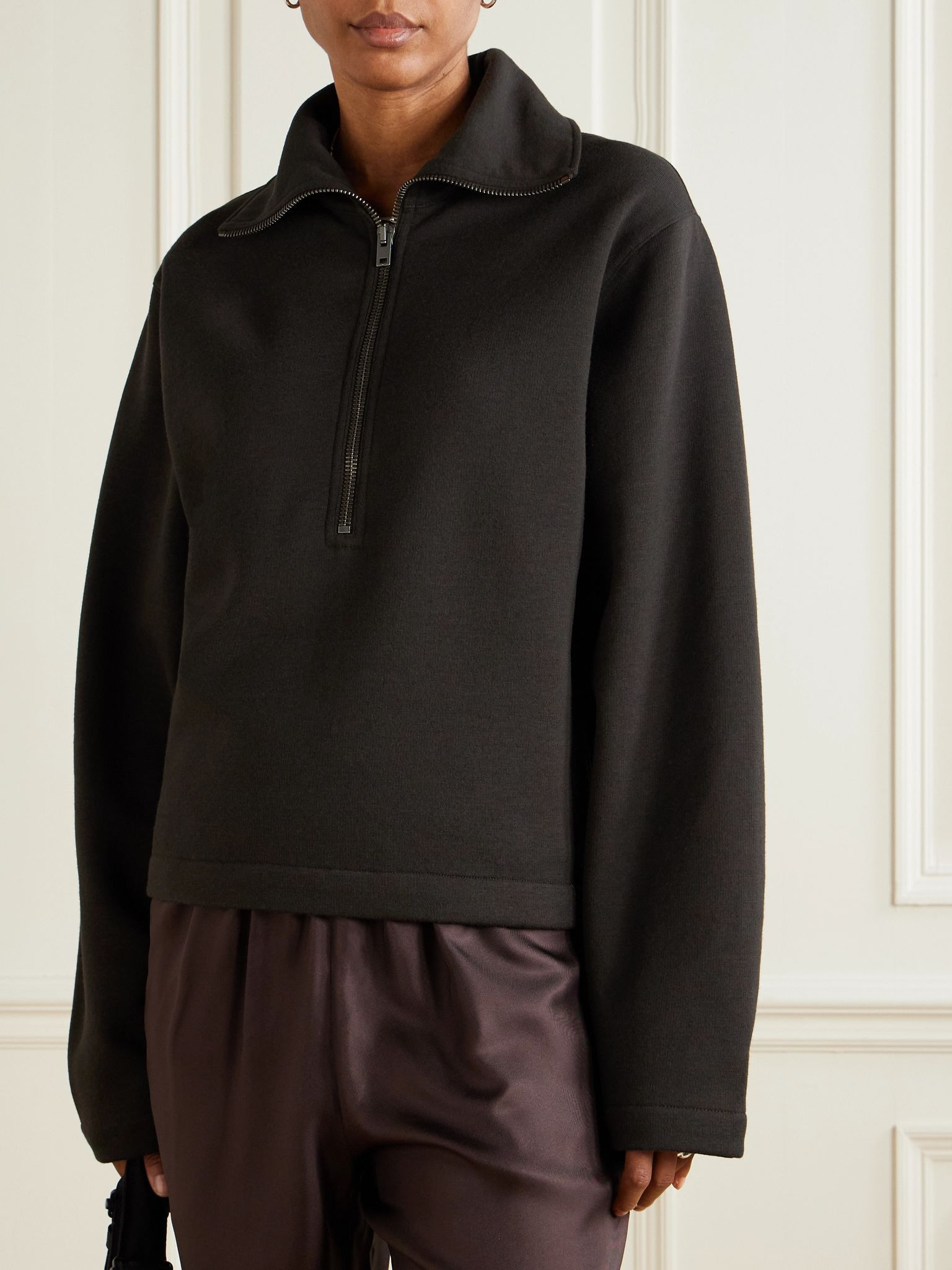 Wool and cotton-blend zip-up sweater Dark brown - 3