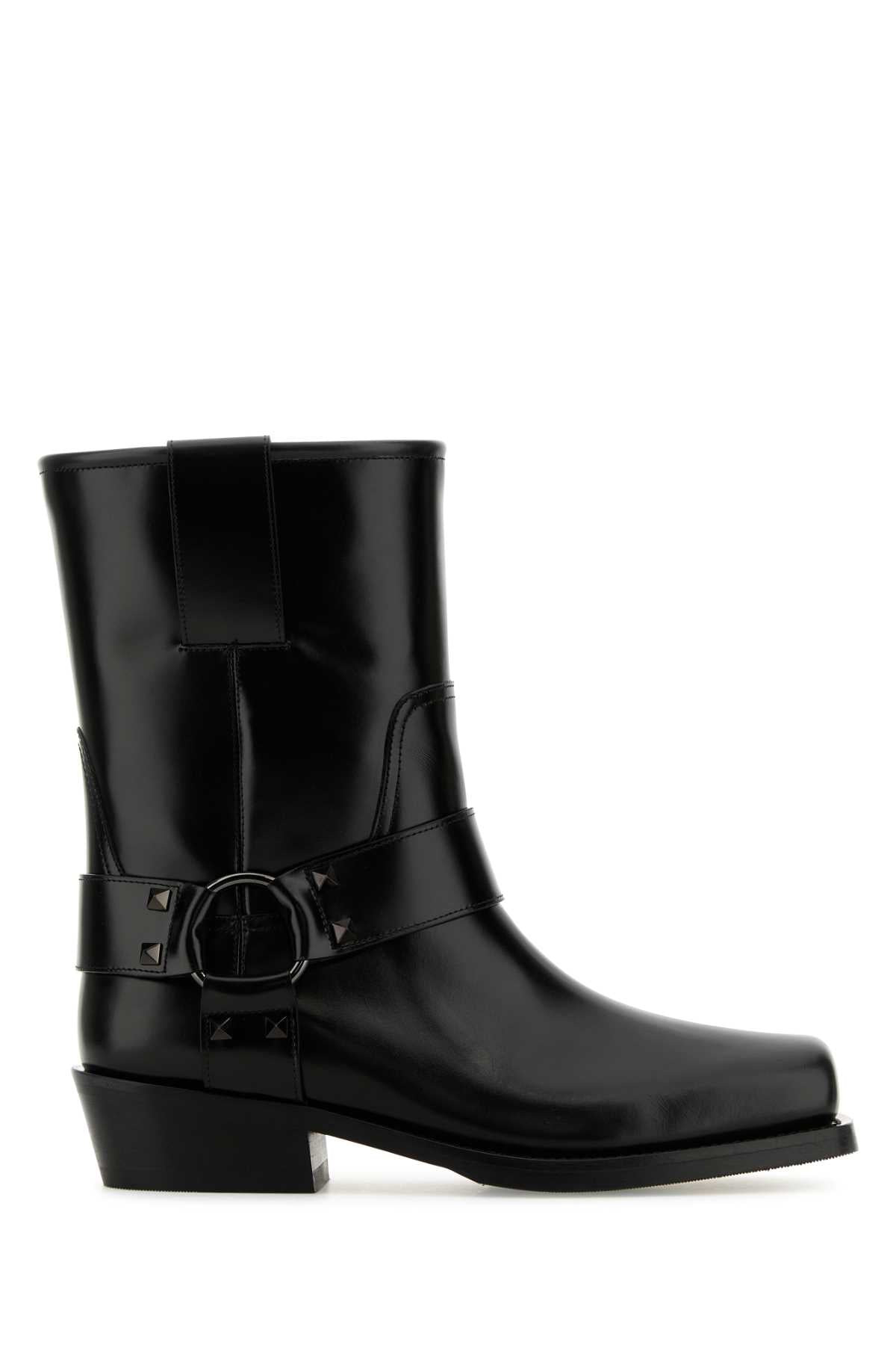 Valentino Garavani Women Black Leather Biker Rockstud Ankle Boots - 2