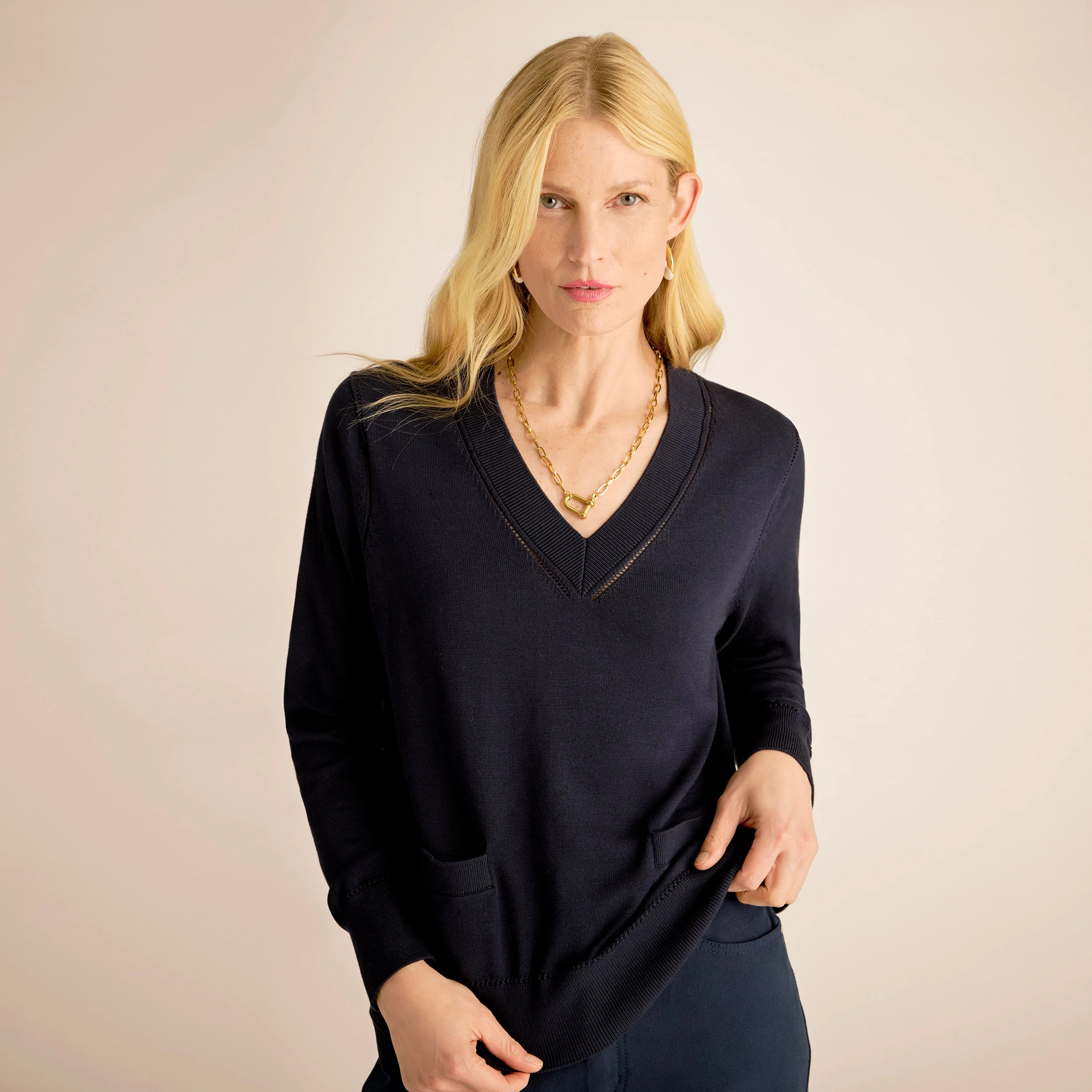 Louella V-Neck Pullover - 365 Cotton Silk Knit - 1