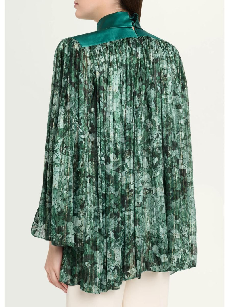 Metallic Silk Chiffon Plisse Long-Sleeve Blouse 3