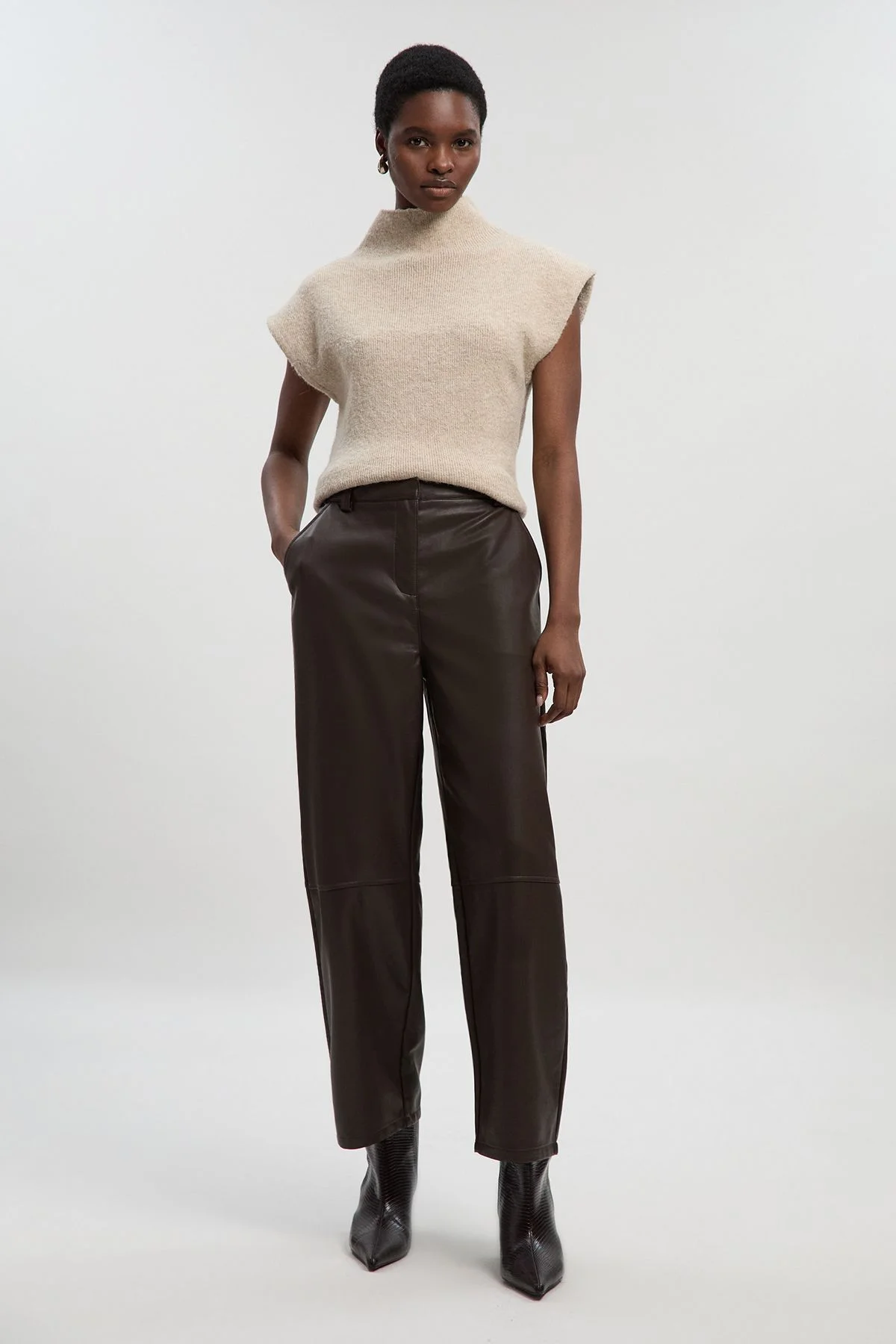 Faux Leather Barrel Leg Trouser - 1