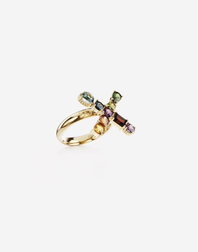 Dolce & Gabbana Rainbow alphabet X ring in yellow gold with multicolor fine gems outlook