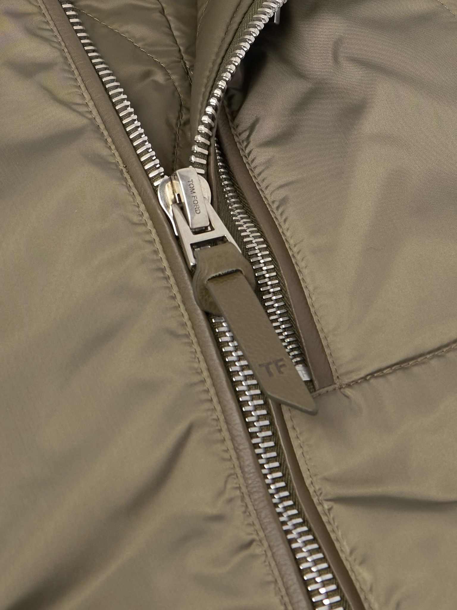 Padded Leather-Trimmed Satin Bomber Jacket Green - 4