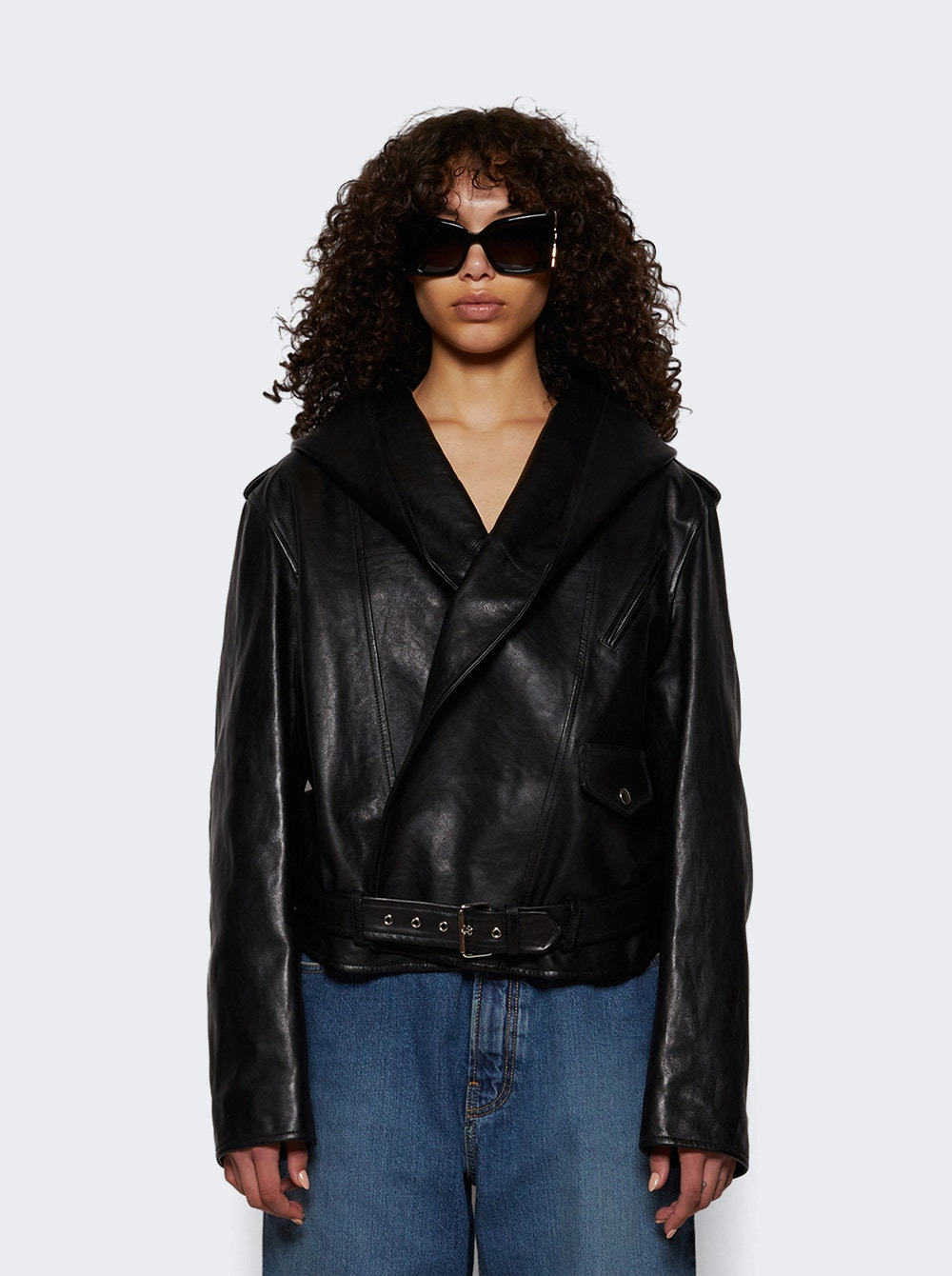 Leather Hooded Biker Jacket Black - 2