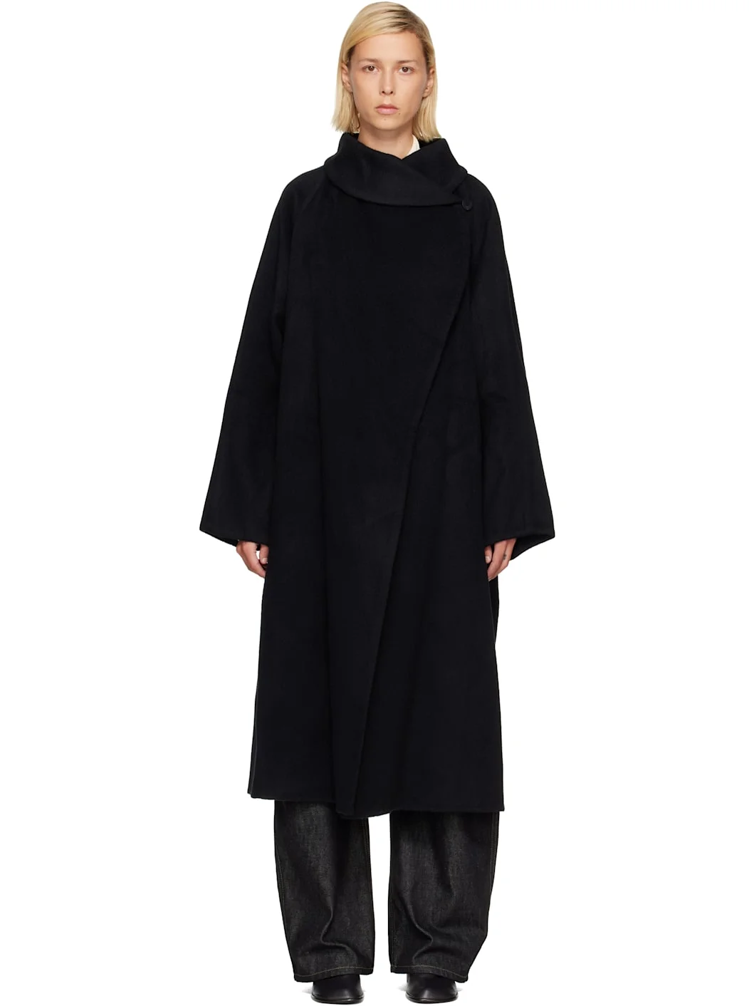 Black Stand Neck Handmade Long Coat - 1