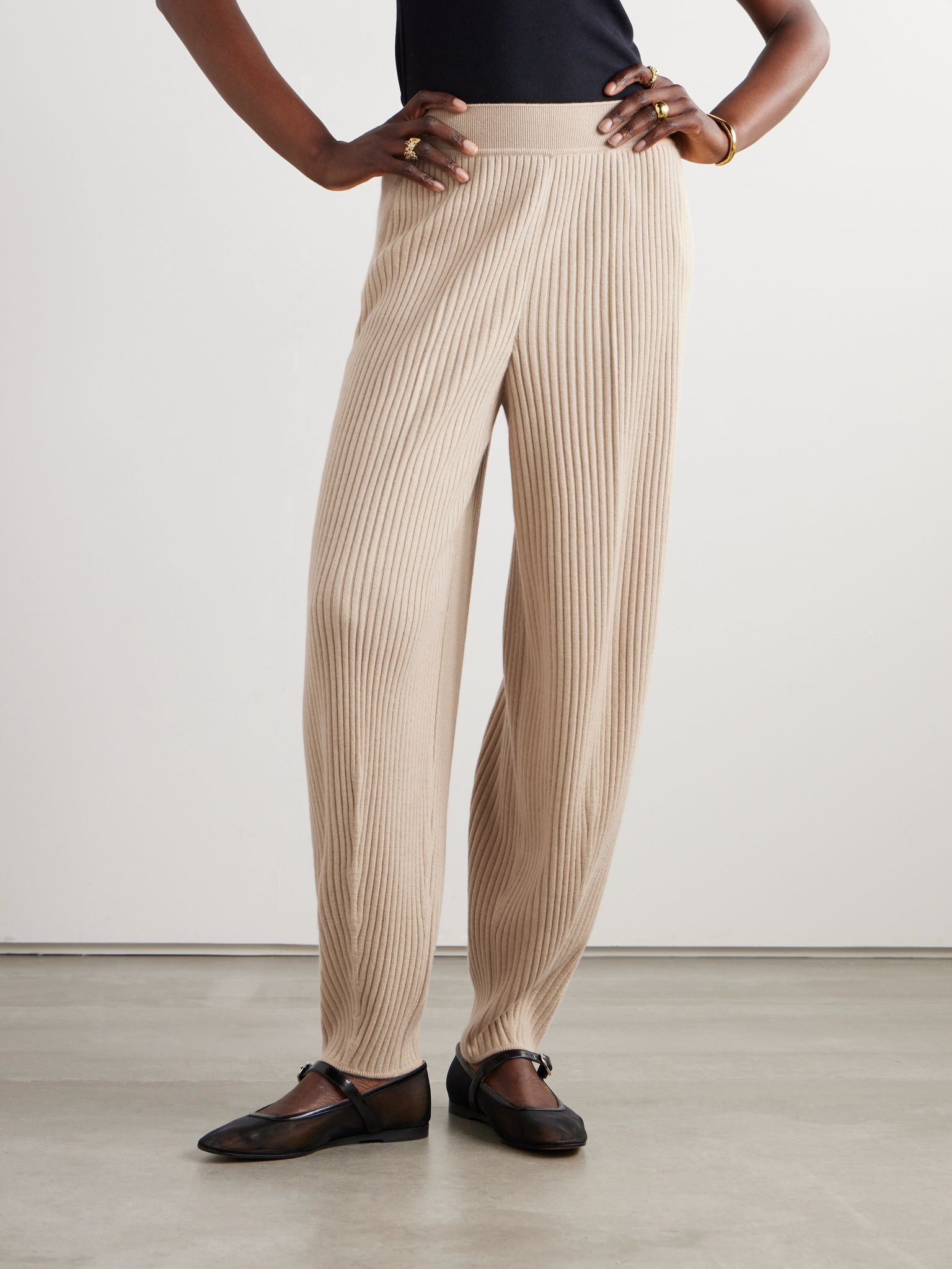 Ribbed cashmere tapered pants Beige - 3