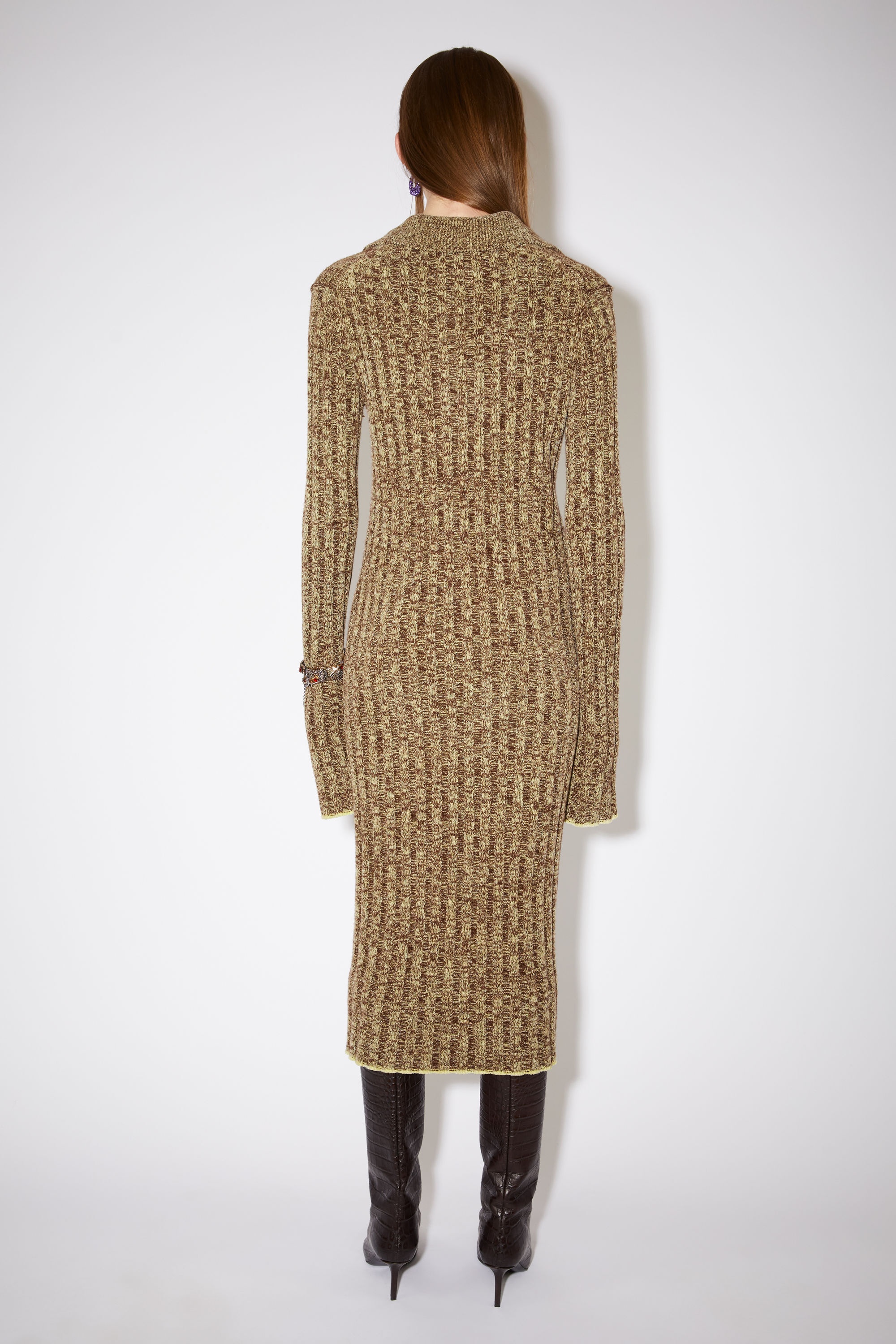 Polo ribbed knit dress - Coffee brown/pale yellow - 3