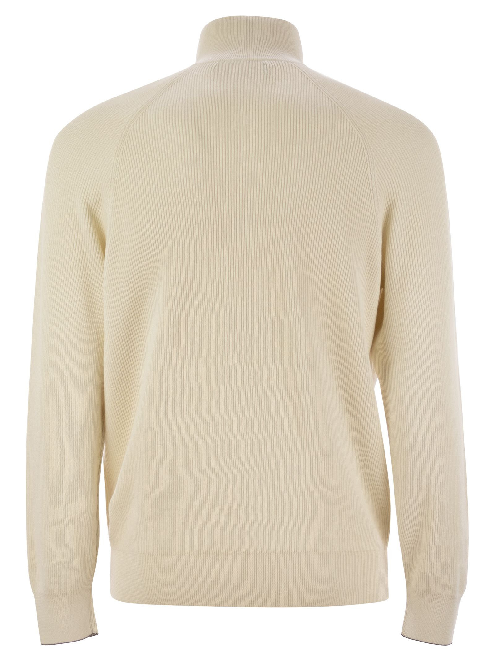 Brunello Cucinelli Men Cotton Rib Sweater With Zip Opening And Raglan Sleeve - 2