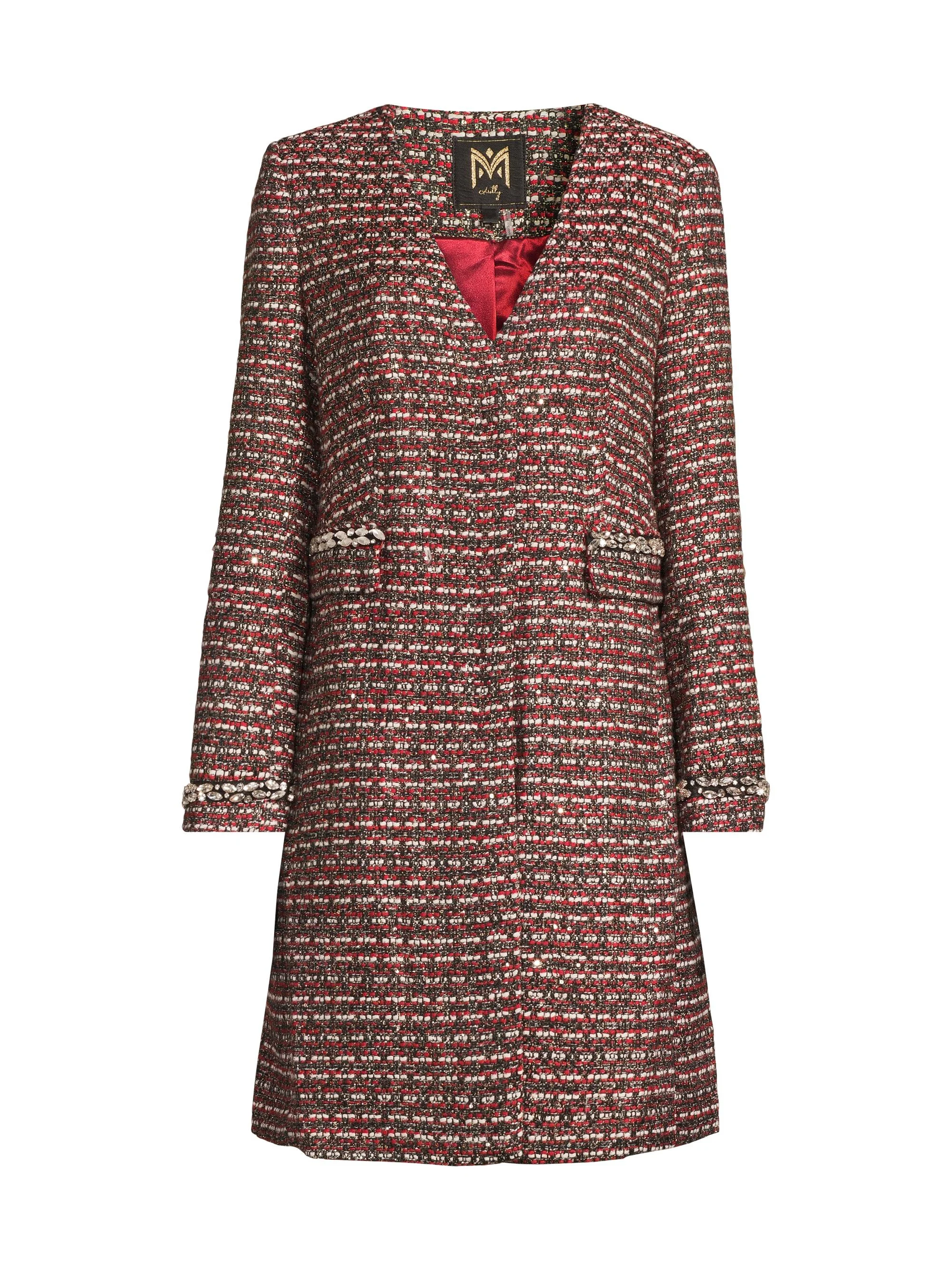 Women's Collarless Tweed Coat - Red Tweed - 1