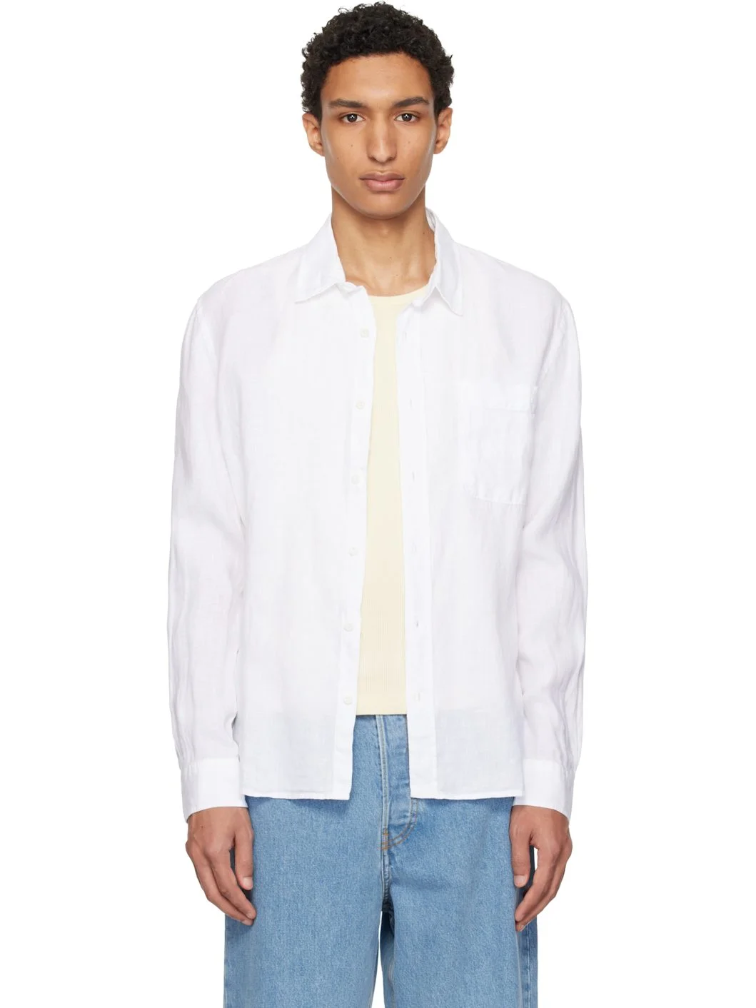 White Relaxed Linen Long Sleeve Shirt - 1