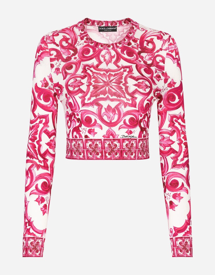 Cropped Majolica-print silk sweater - 1