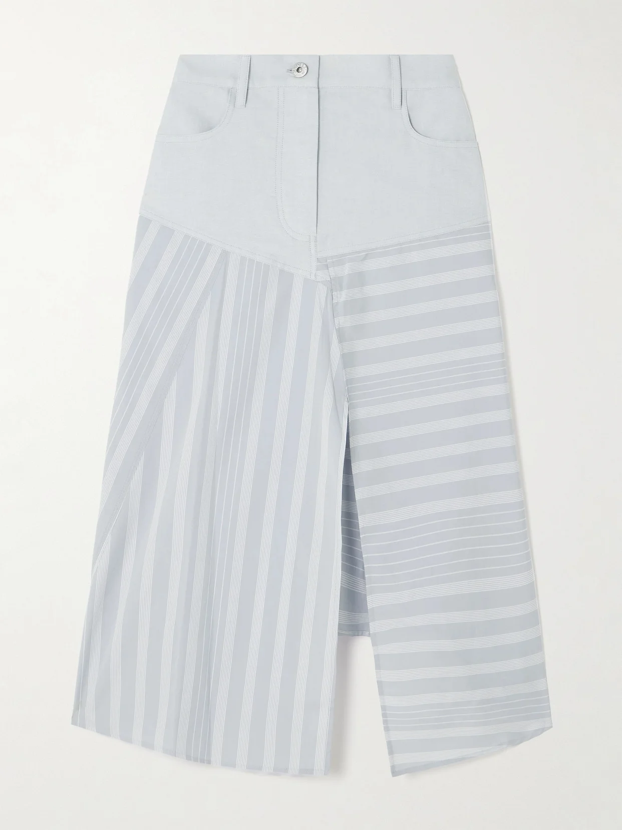 Asymmetric Striped Patchwork Cotton-poplin And Denim Midi Skirt - 1
