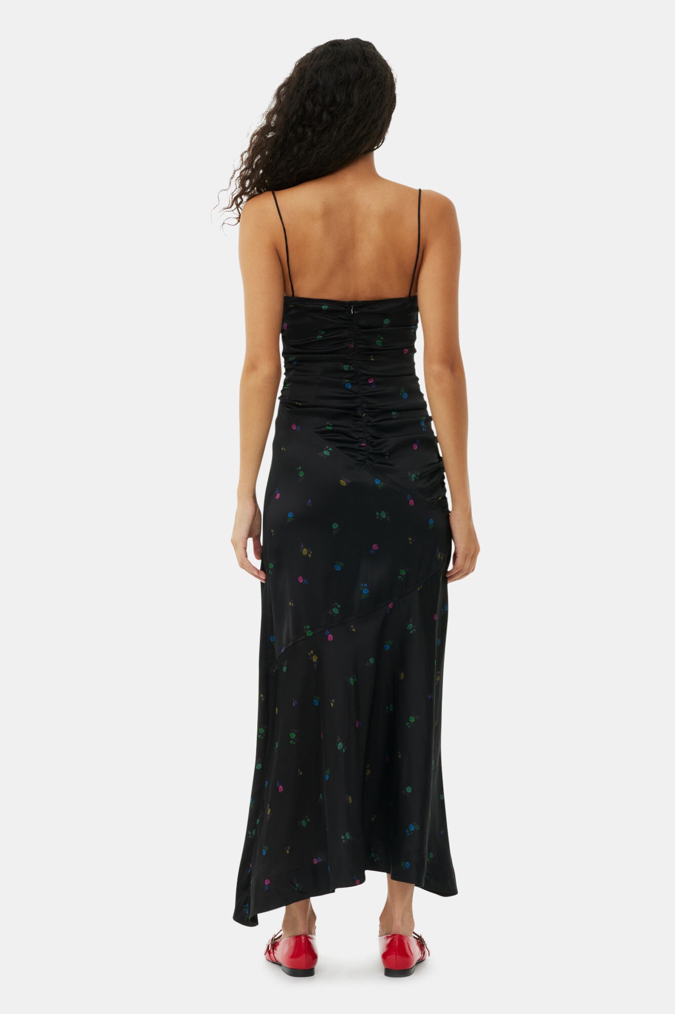 FLORAL SATIN RUCHED LONG SLIP DRESS - 5