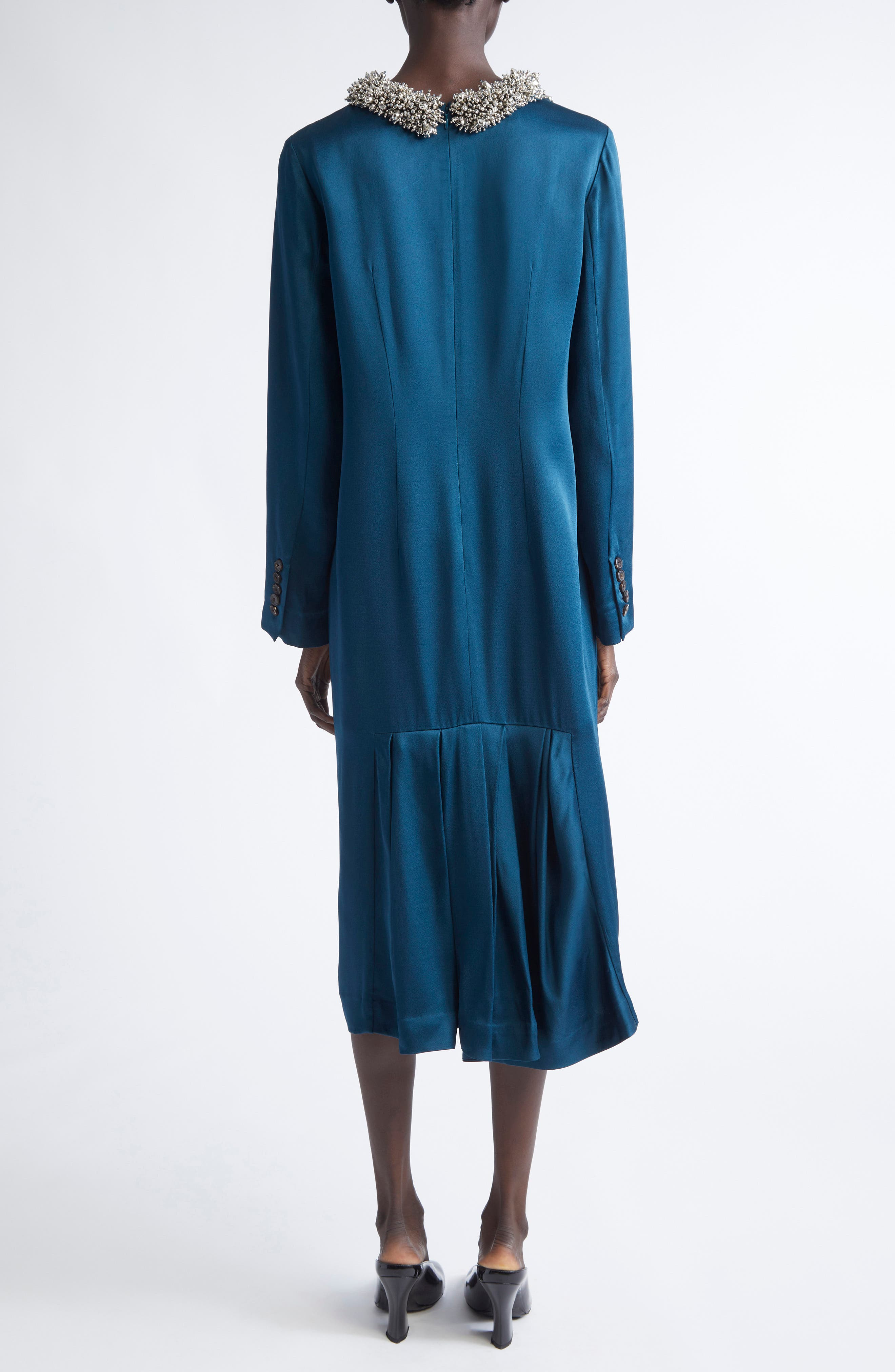 Dries Van Noten Danora Embellished Long Sleeve Satin Dress in Petrol at Nordstrom - 2