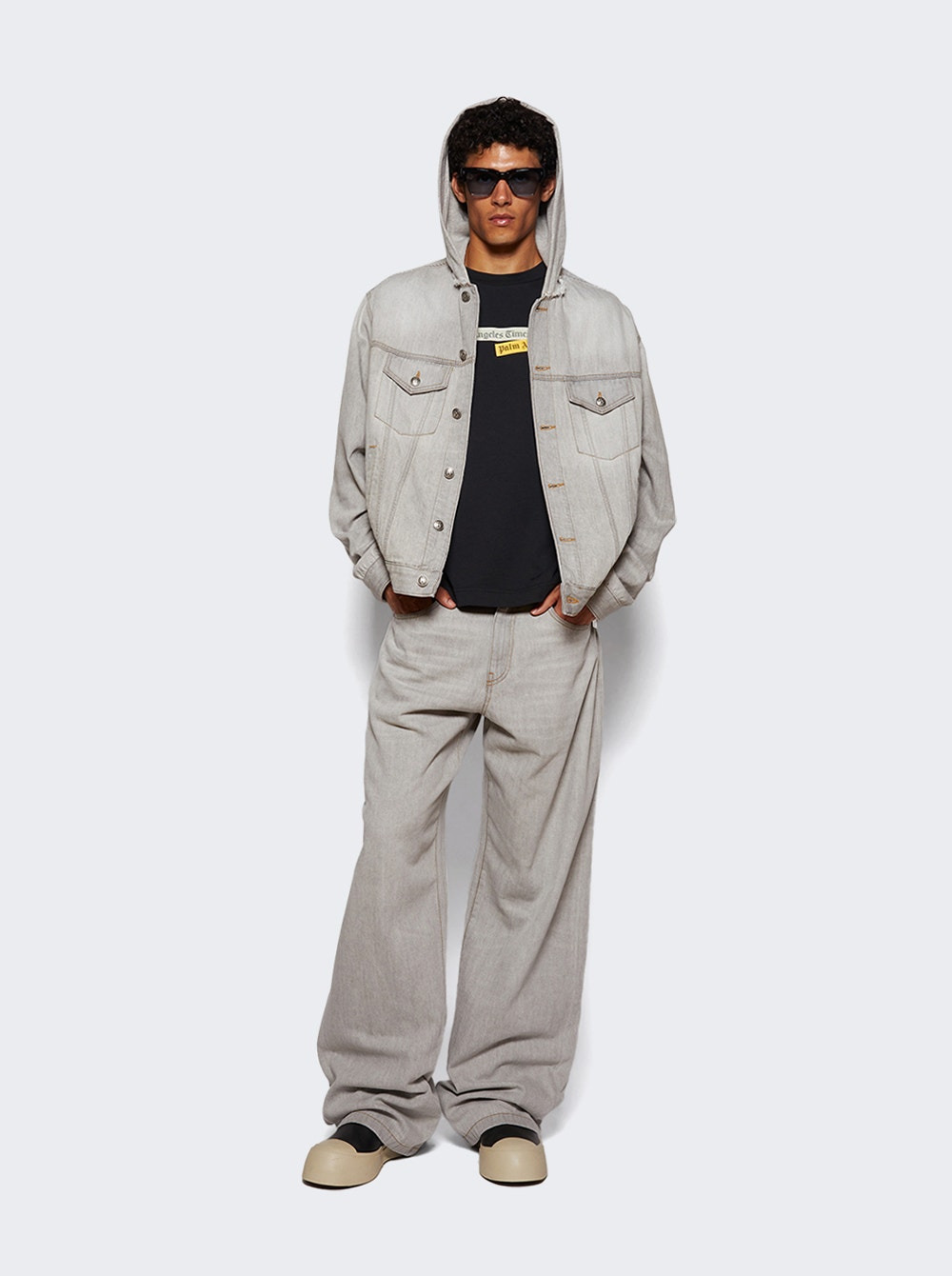 Curved Logo Loose Denim Pants Light Grey - 5