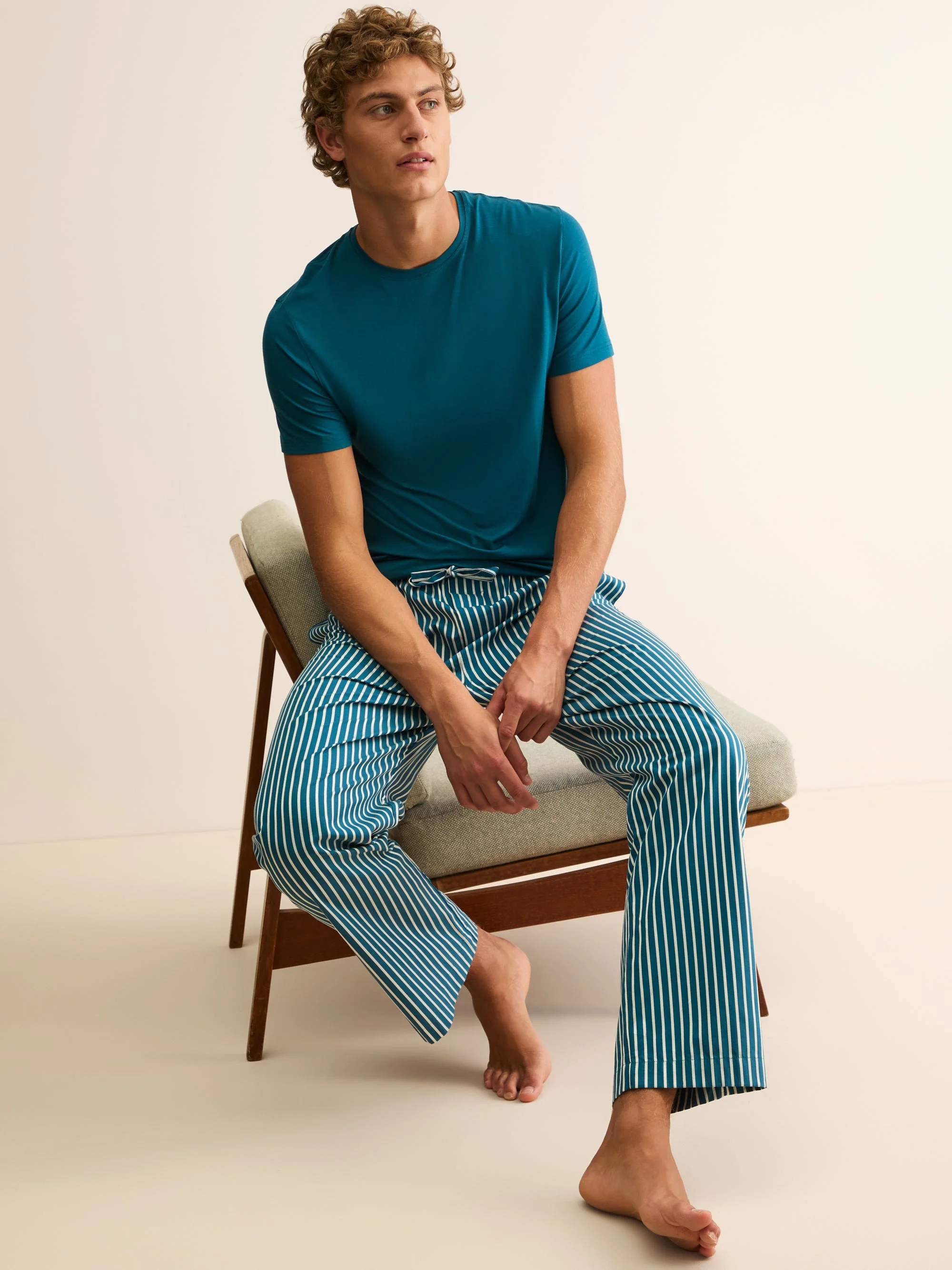 Men's Lounge Pants Royal Cotton Teal & White Stripe - 1