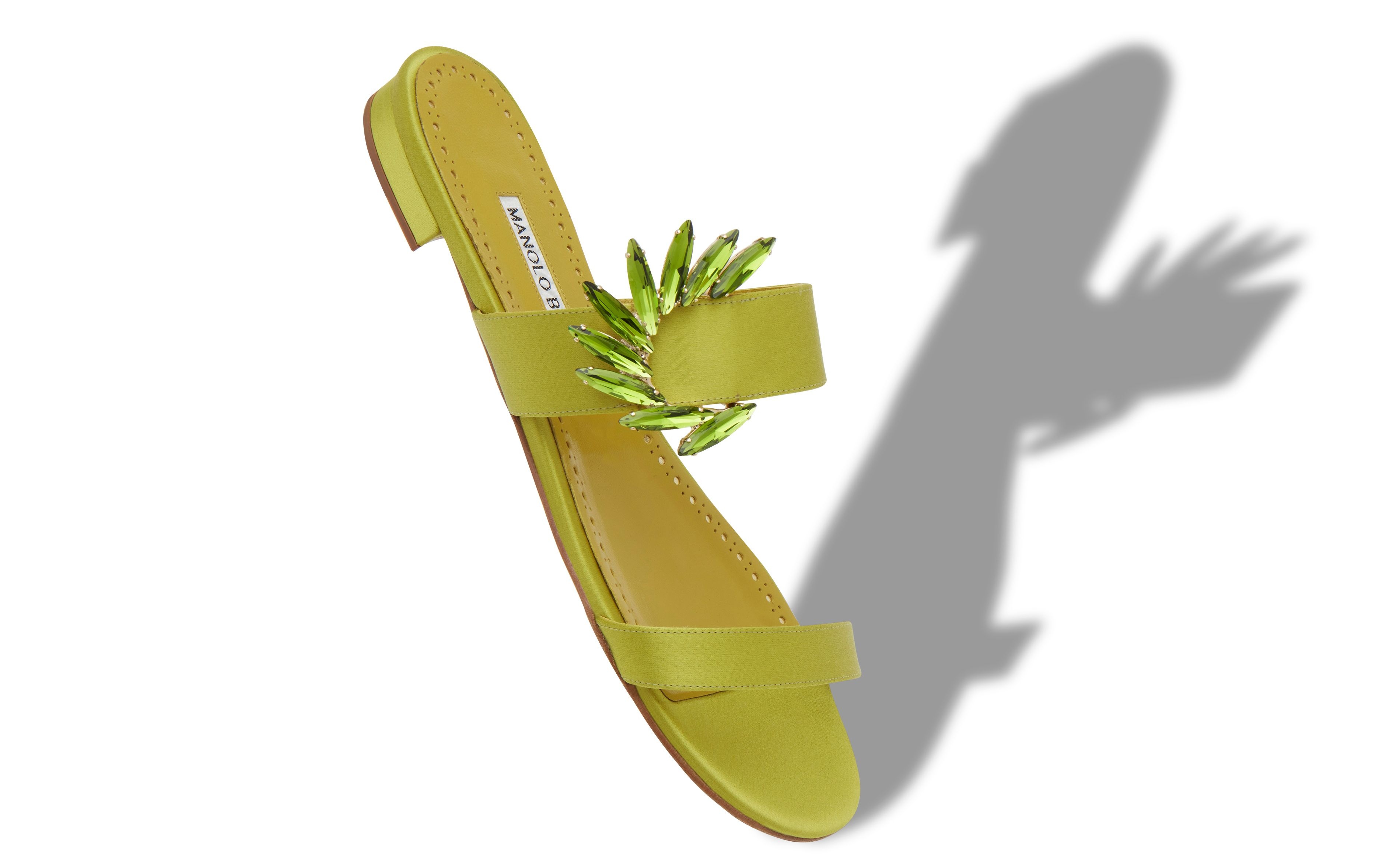 Lime Green Satin Embellished Flat Mules - 2