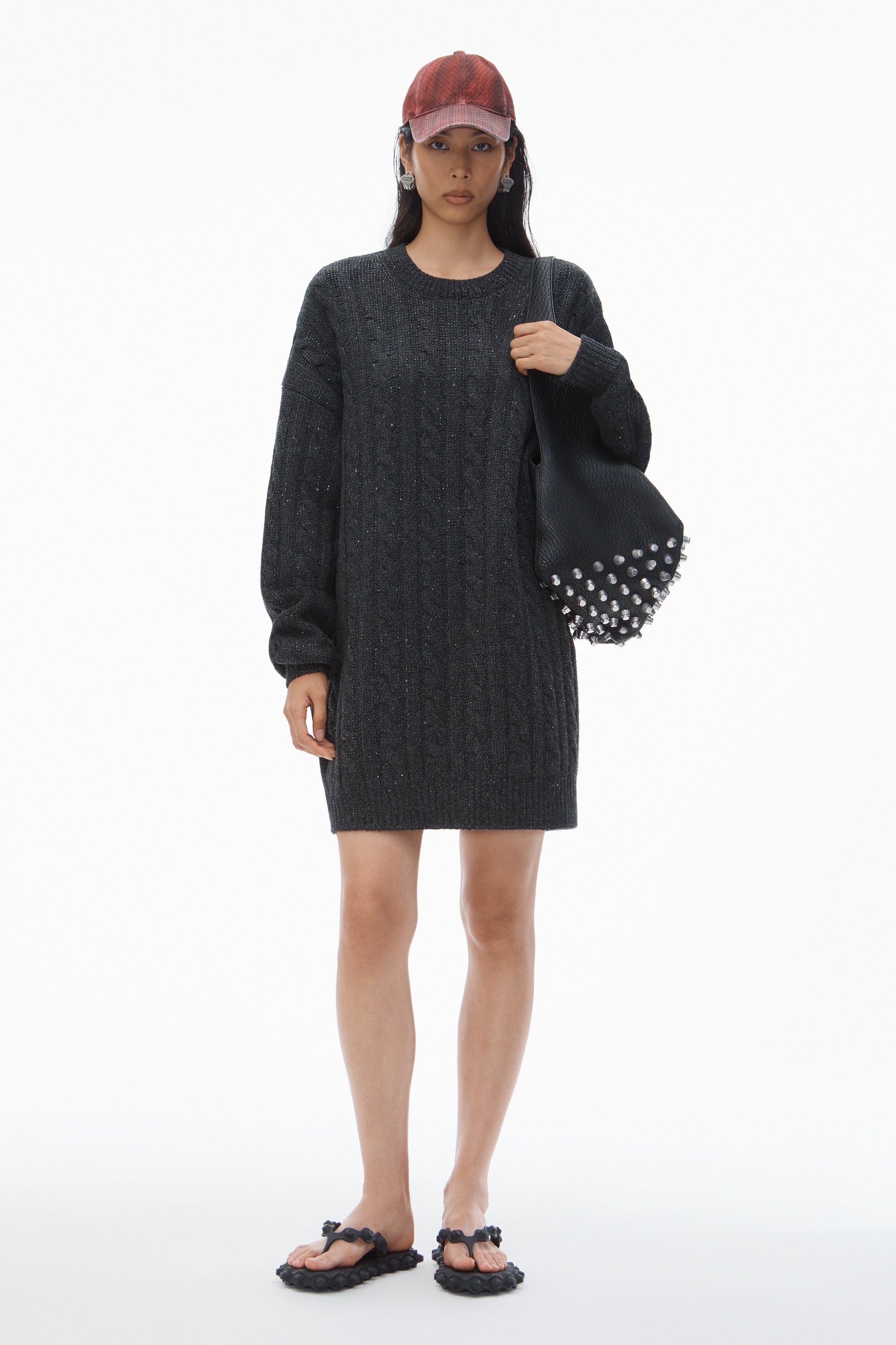 Clear Bead Hotfix Cable-Knit Cardigan in Boiled Wool - 2