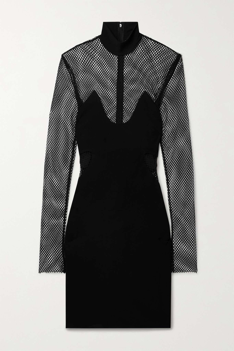 Paneled stretch-crepe and mesh mini dress 1