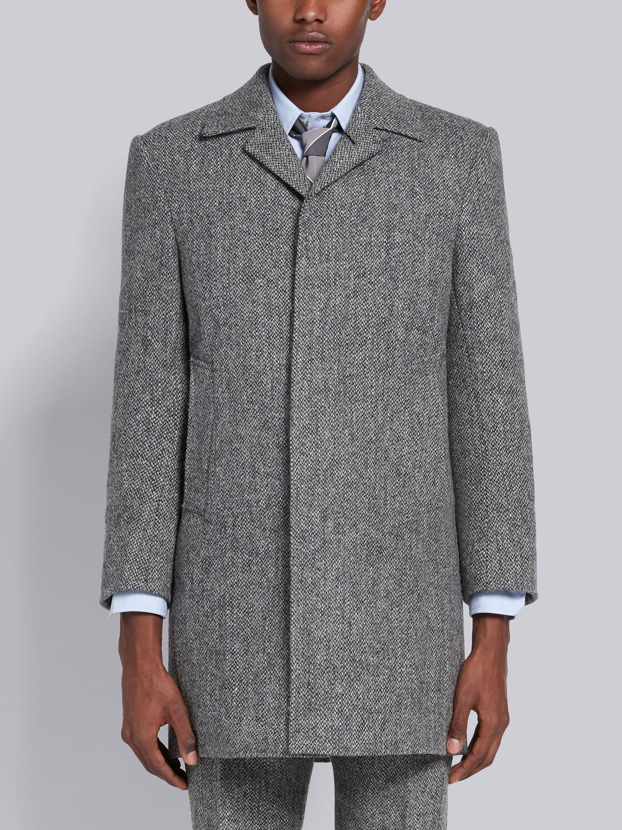 Medium Grey Wool Barleycorn Harris Tweed Classic Bal Collar Overcoat - 1