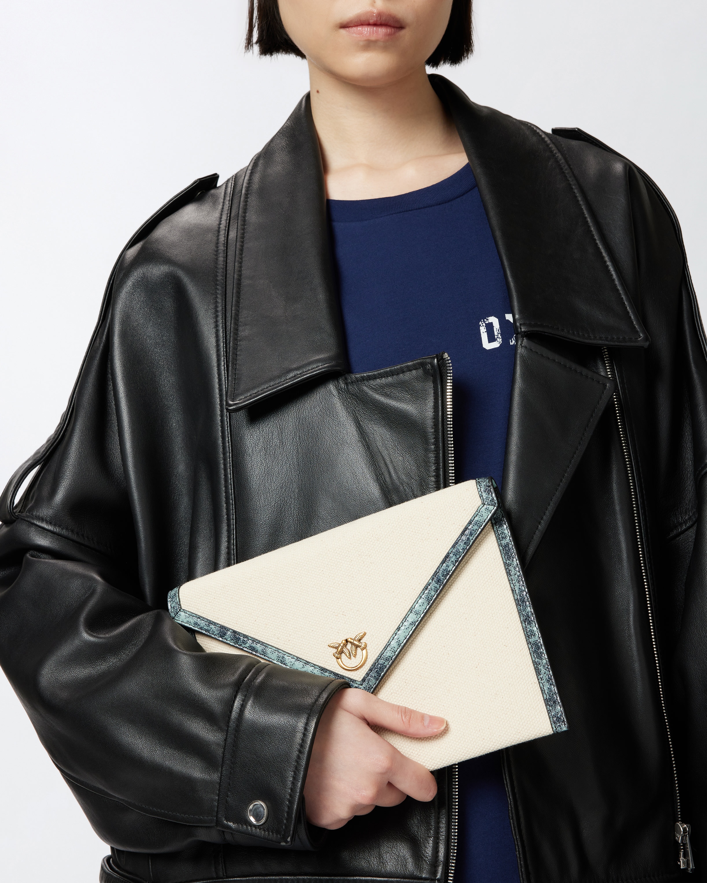 CANVAS HANDBAG WITH PRINTED LEATHER TRIM - 5