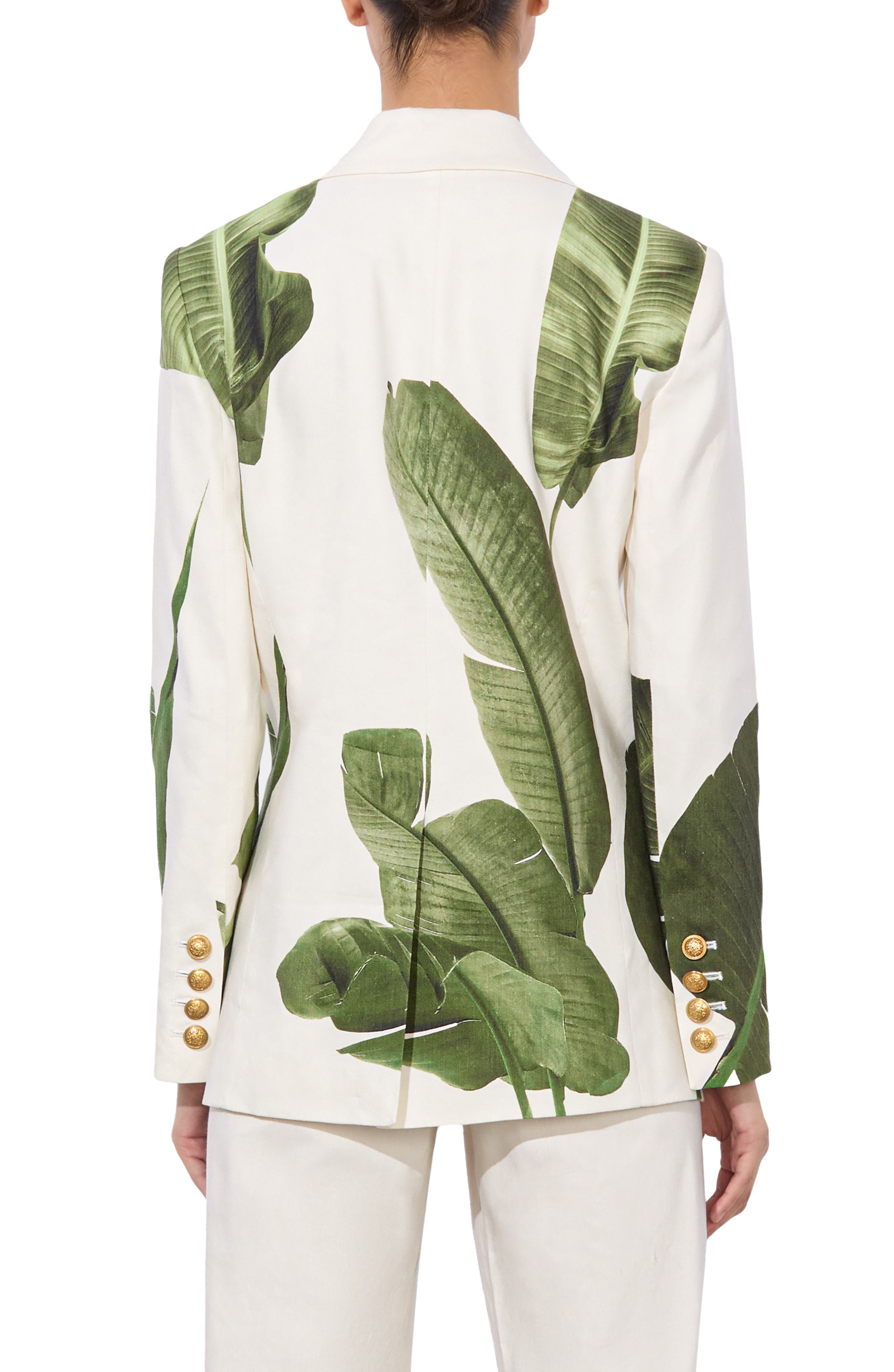 Alice + Olivia Elna Slim Fit Linen Blend Longline Blazer in Jungle Palm/White at Nordstrom - 2