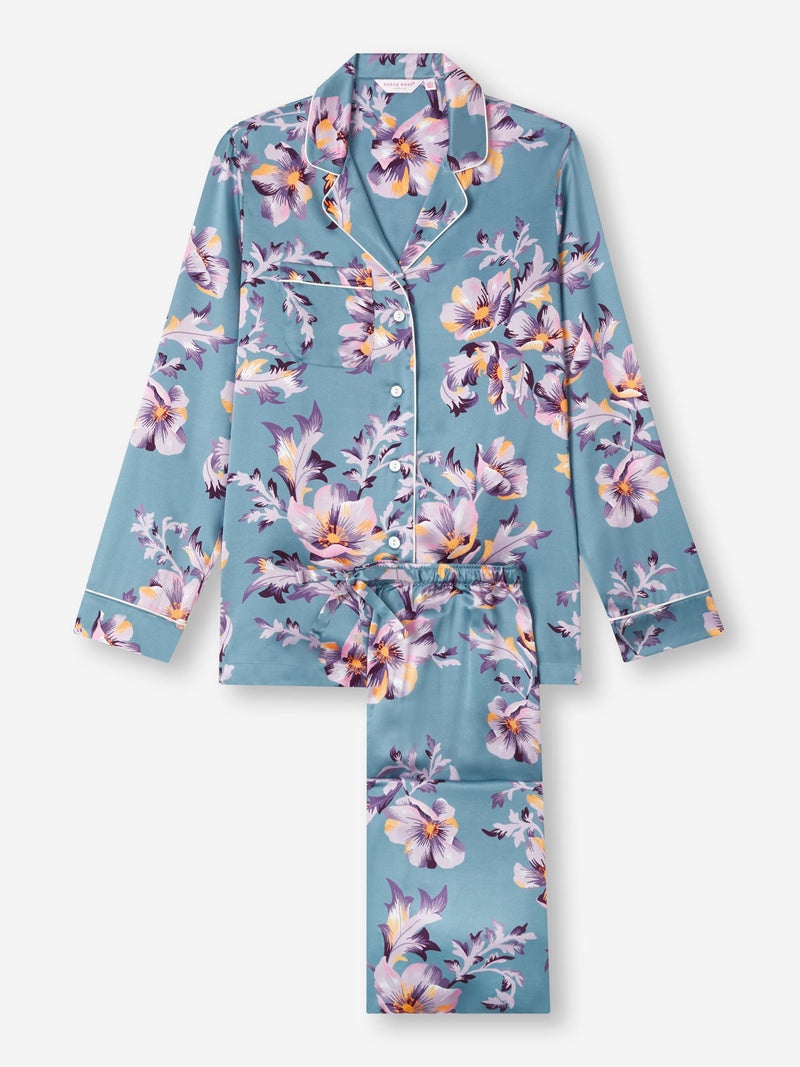 Women's Pajamas Silk Satin Blue Wildflower Pattern - 3
