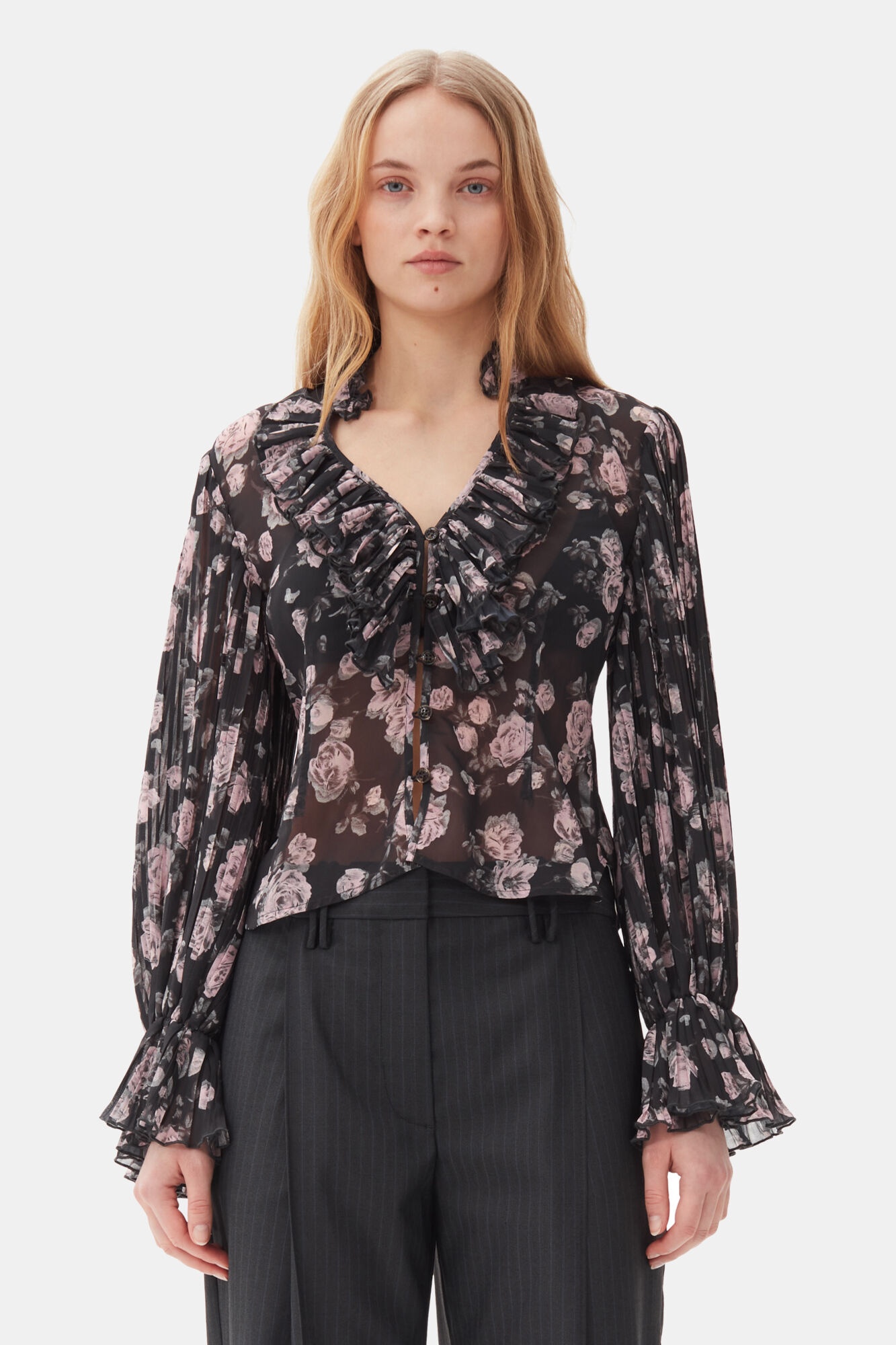 FLORAL PRINTED PLEATED GEORGETTE BLOUSE - 2