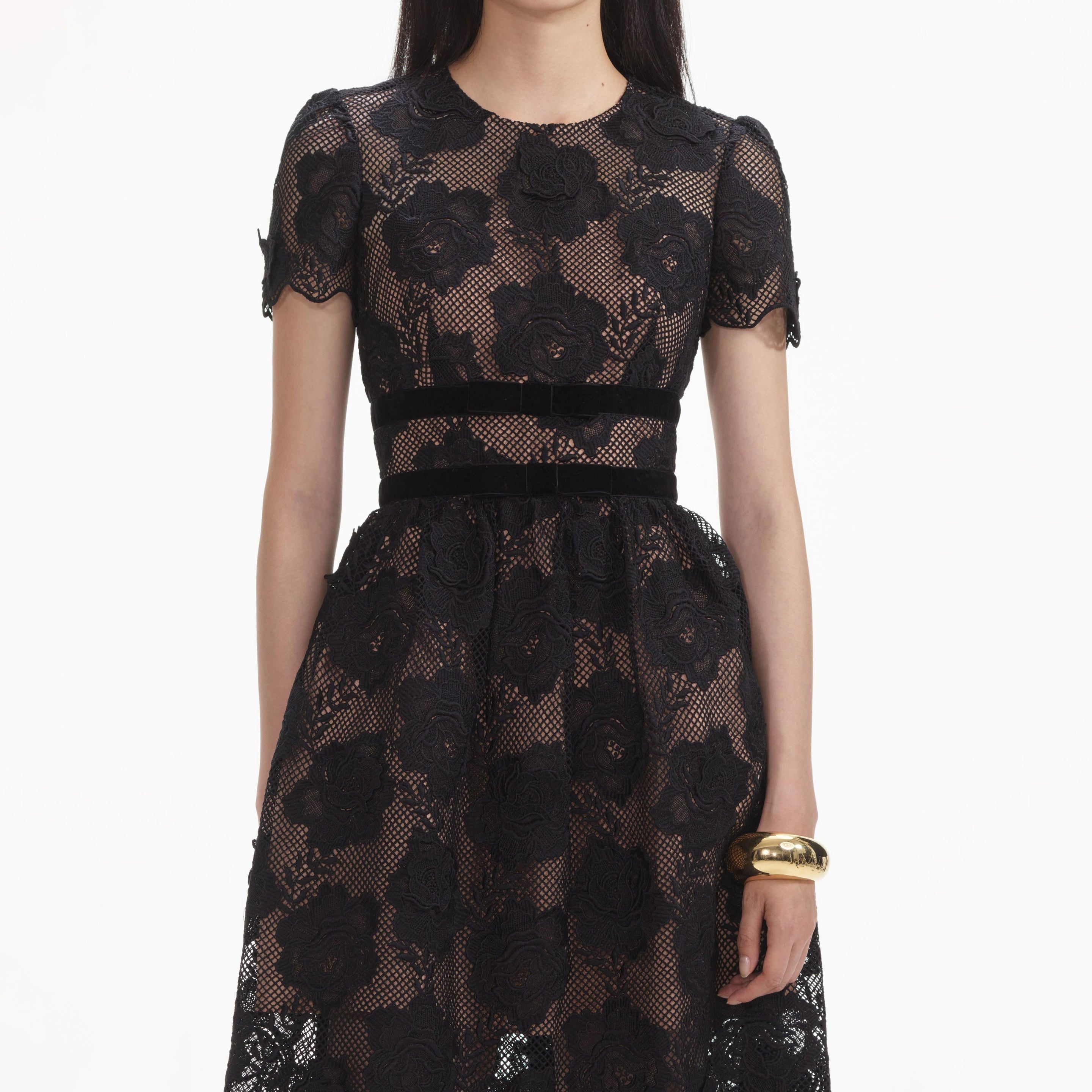 Black Lace Velvet Bow Midi Dress - 5