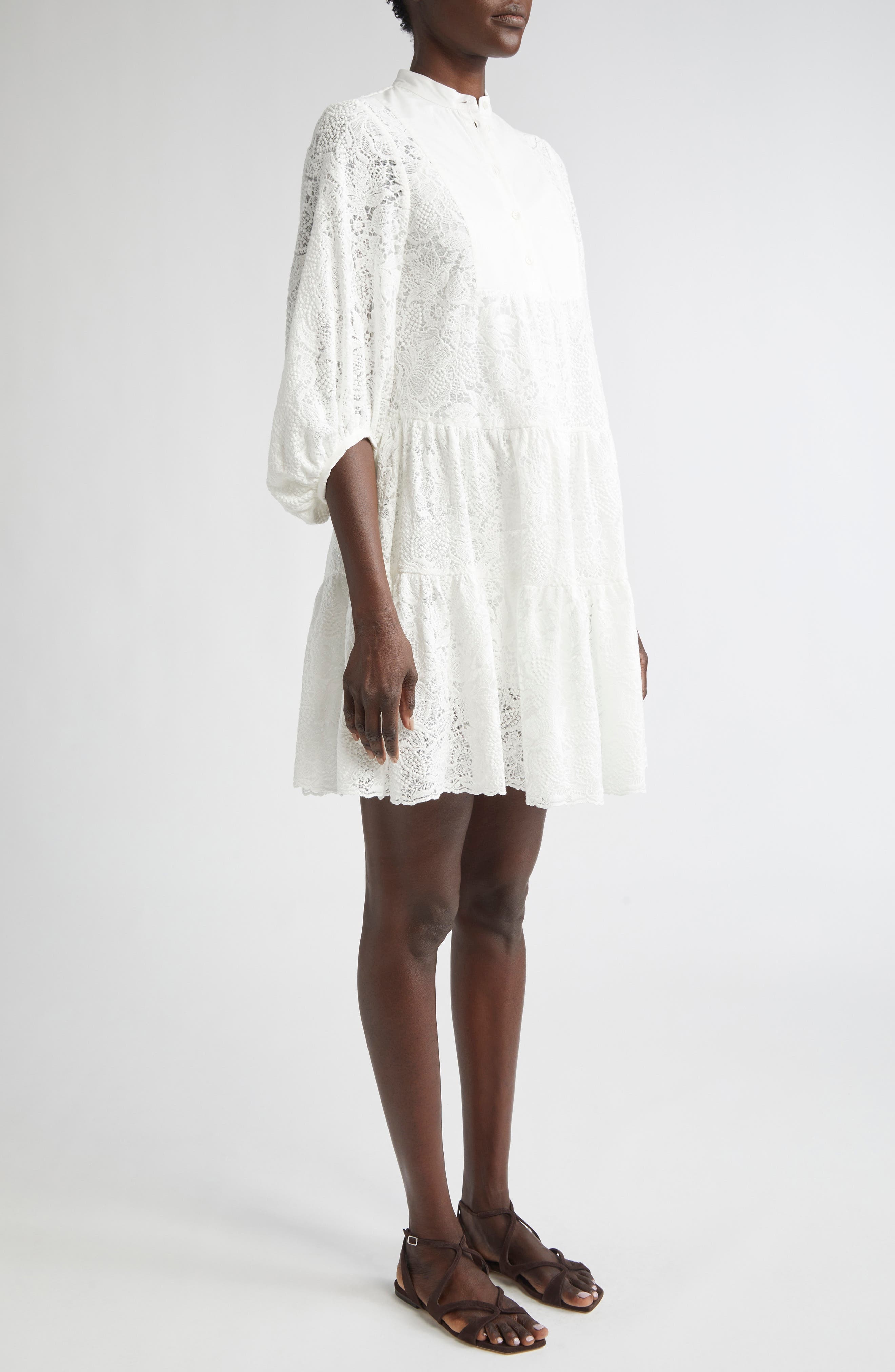 Erdem Long Sleeve Tiered Lace Minidress in Ivory at Nordstrom - 3
