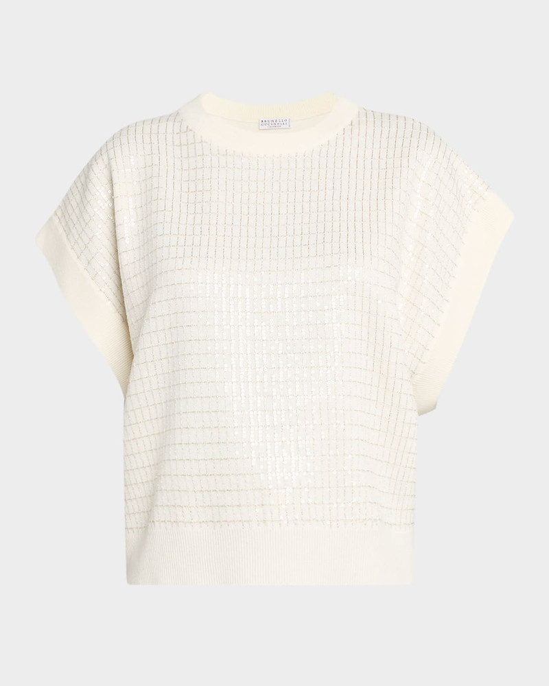Windowpane Paillette Wool-Cashmere Short-Sleeve Sweater 1