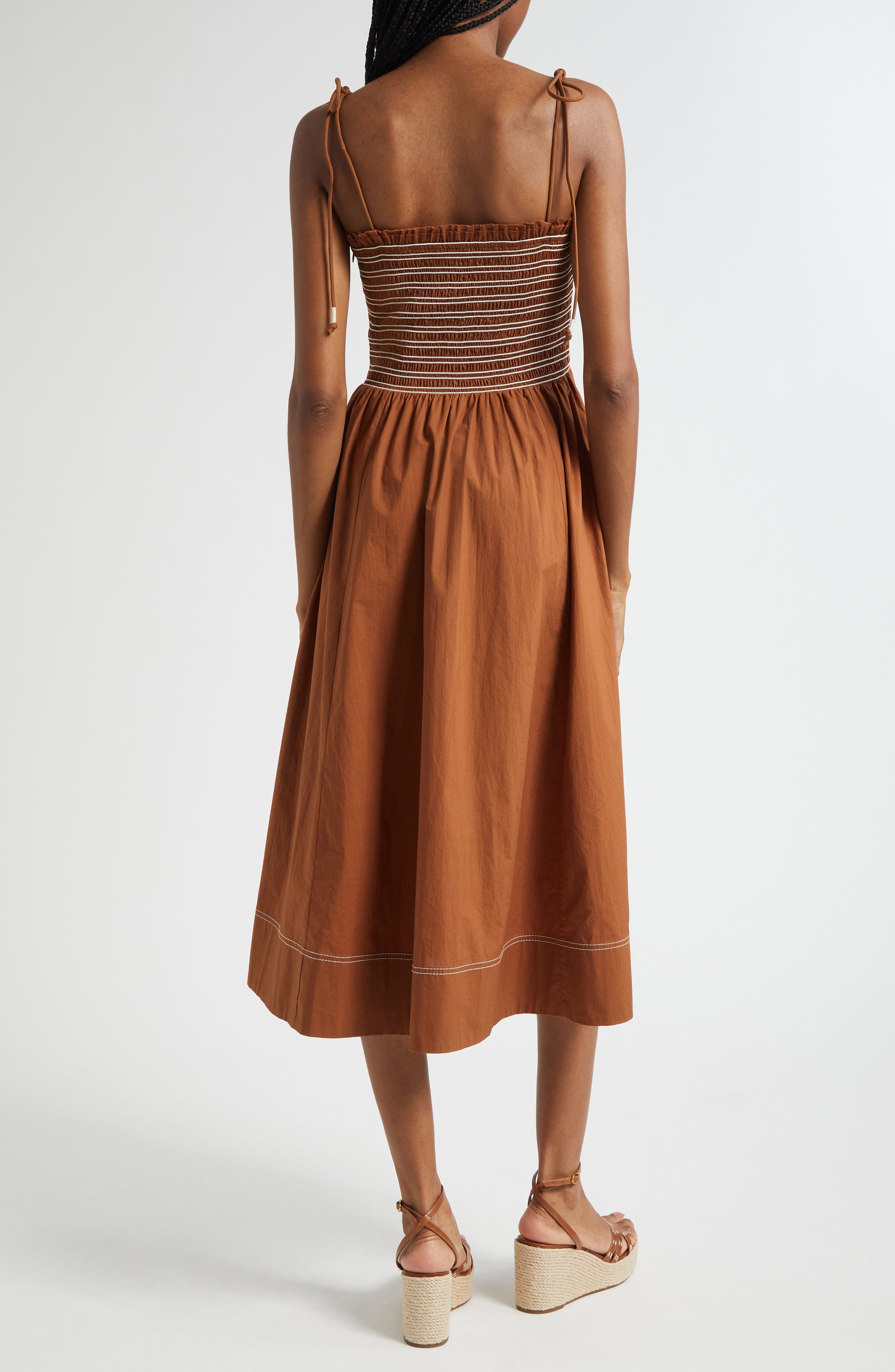 Veronica Beard Kaela Smocked Tie Strap Midi Dress in Whisky at Nordstrom - 2