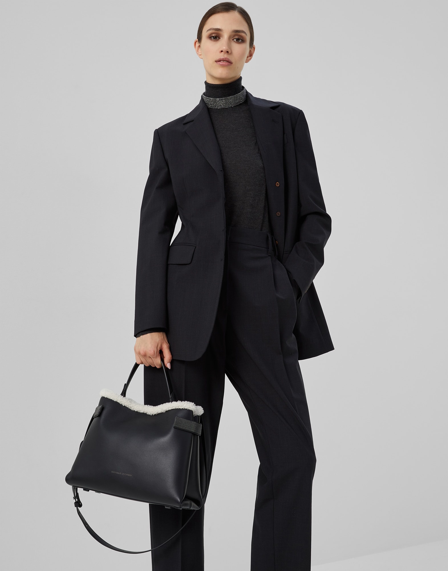 Matte calfskin bag with shearling trim and precious bands - 4