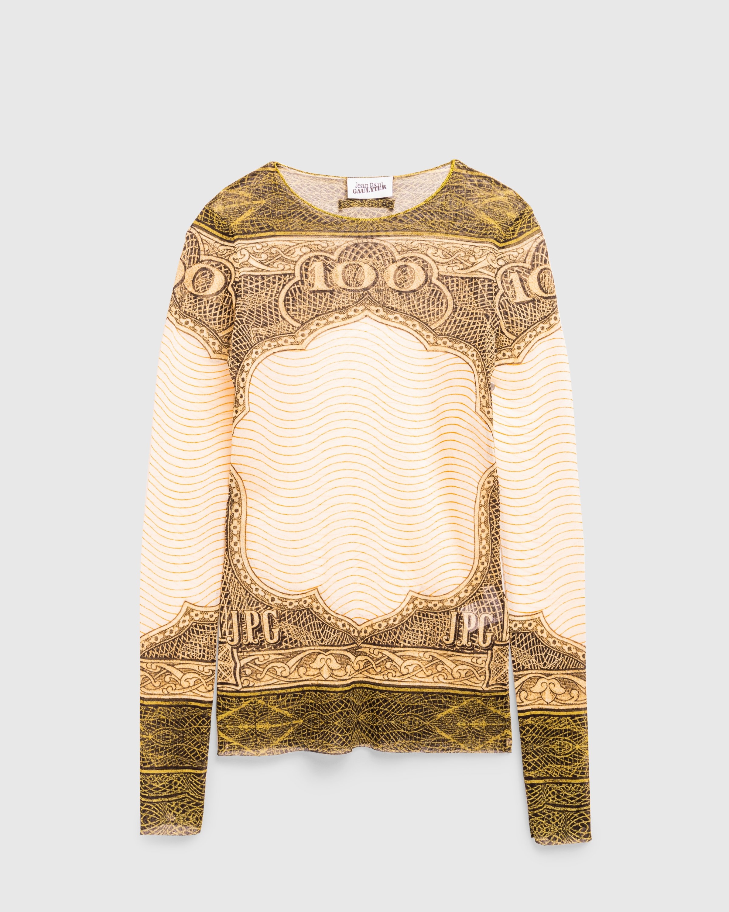 Jean Paul Gaultier – Long-Sleeve Mesh Top Printed Cartouche Green/Ecru/Black/Orange - 1