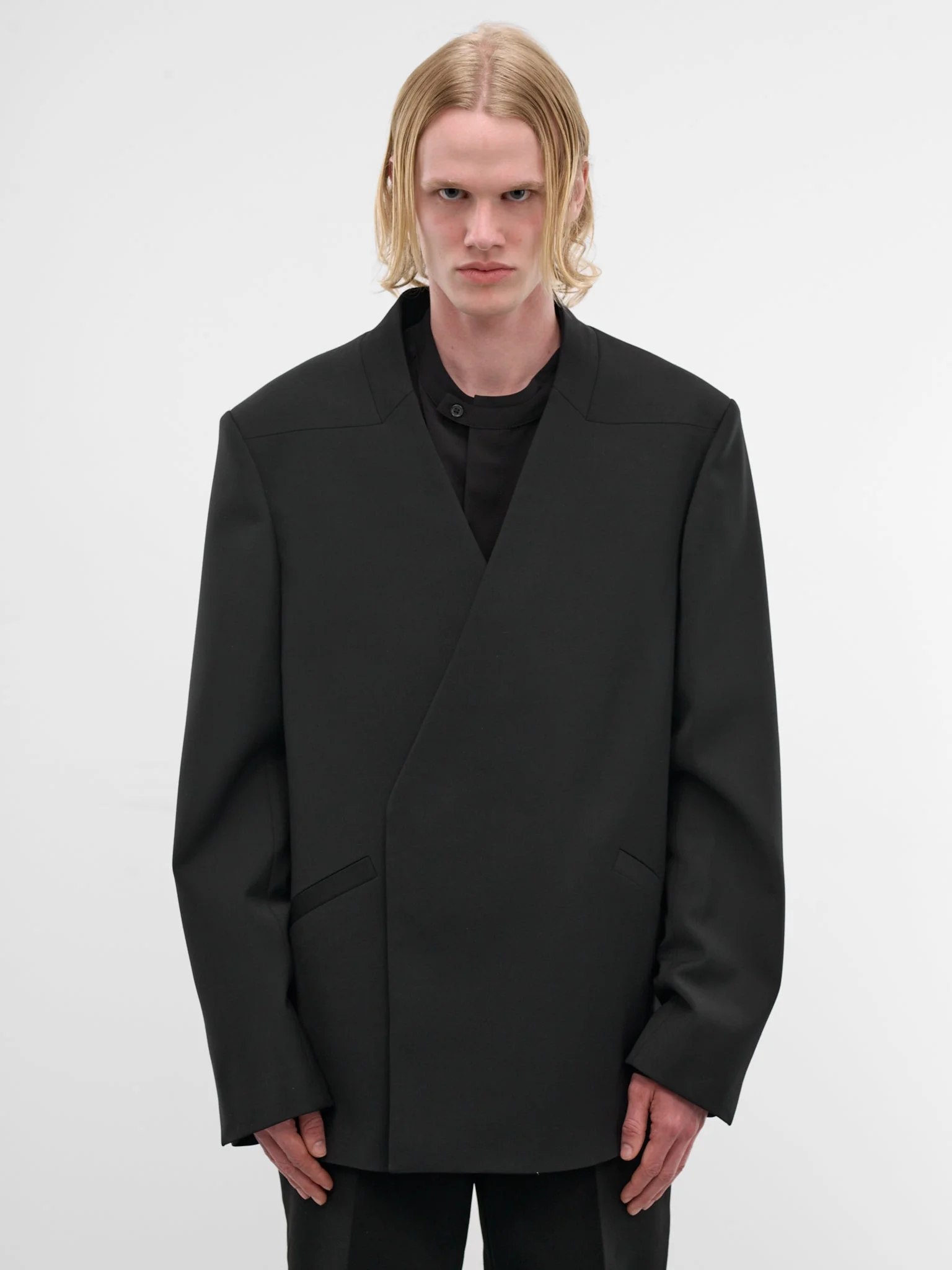 Black Wool Lapelless Blazer - 1