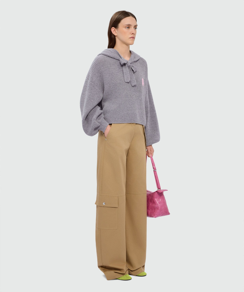 Grey cashmere-blend hooded knit with MWAVE embroidery and balloon sleeves 4