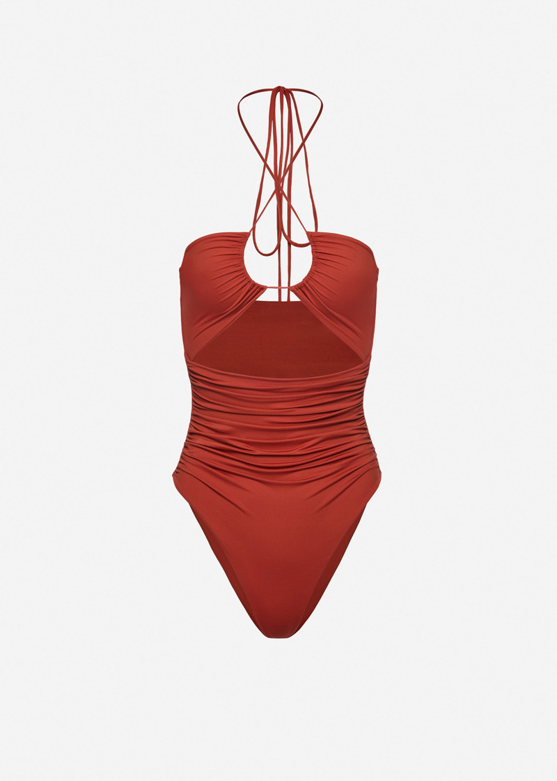 Criss-cross halter swimsuit in orange 1