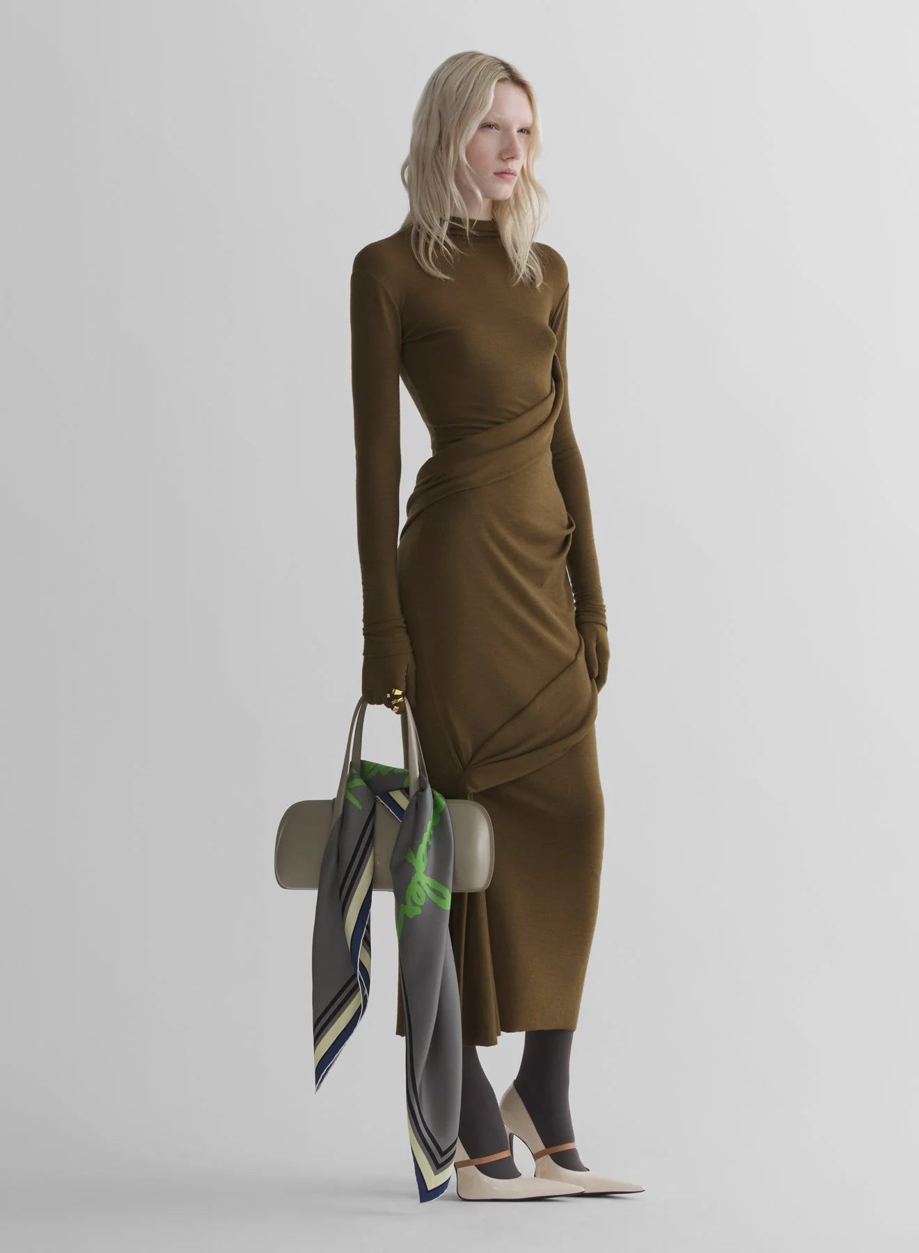 military green draped turtleneck dress - 1