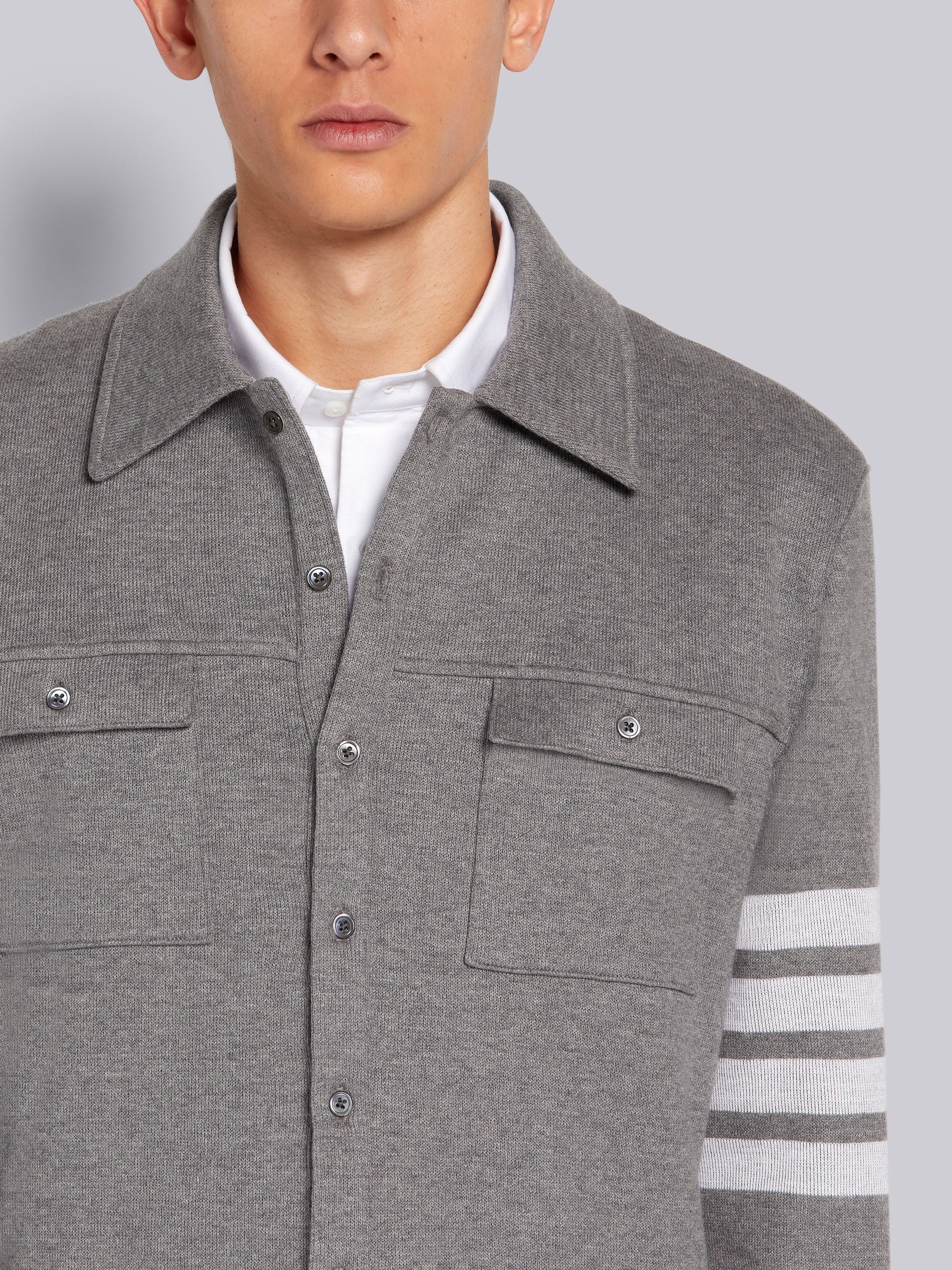 Medium Grey Double Face Cotton Knit 4-Bar Button Down Shirt Jacket - 5