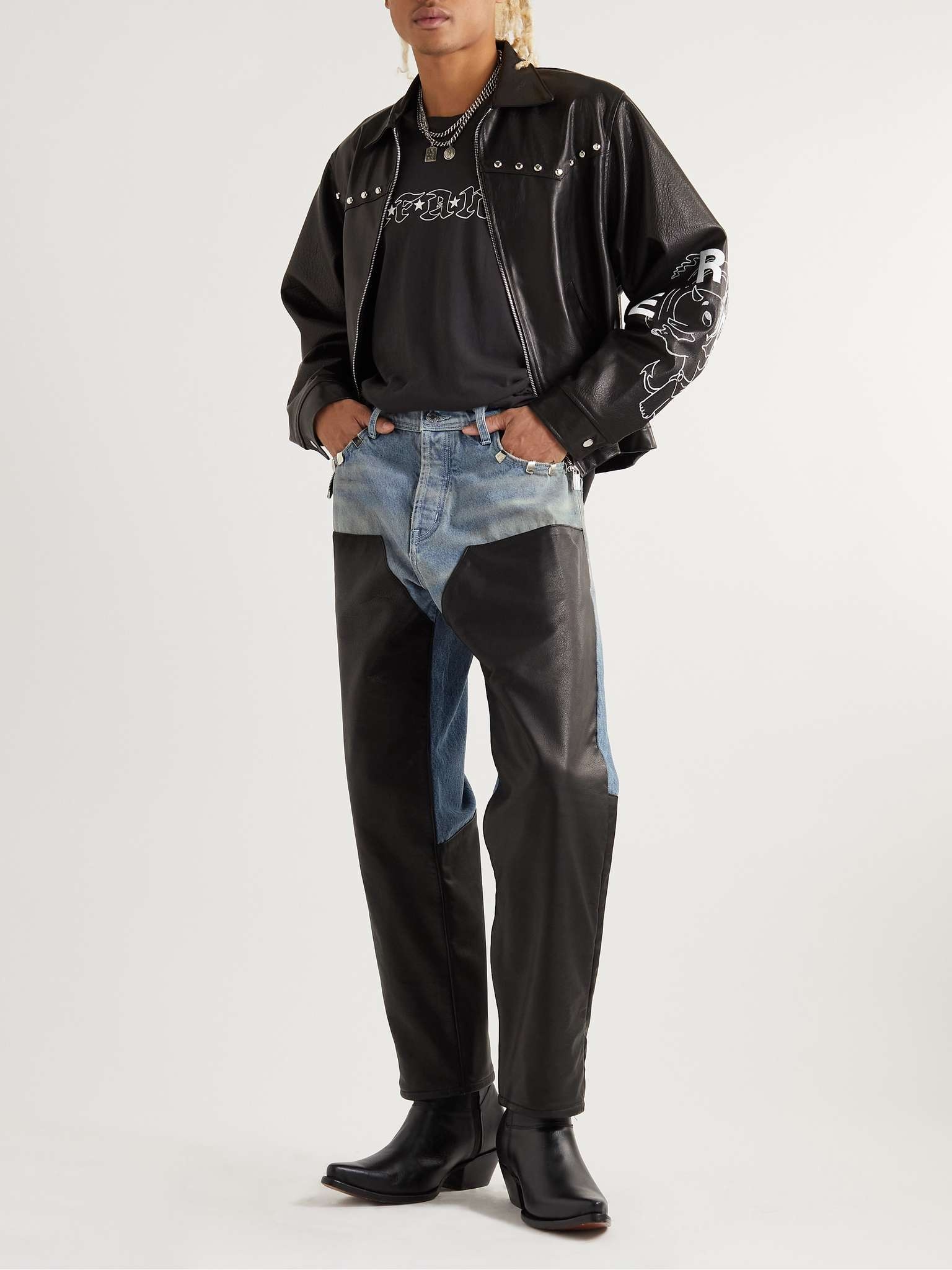 Embellished Leather-Panelled Distressed Jeans - 2
